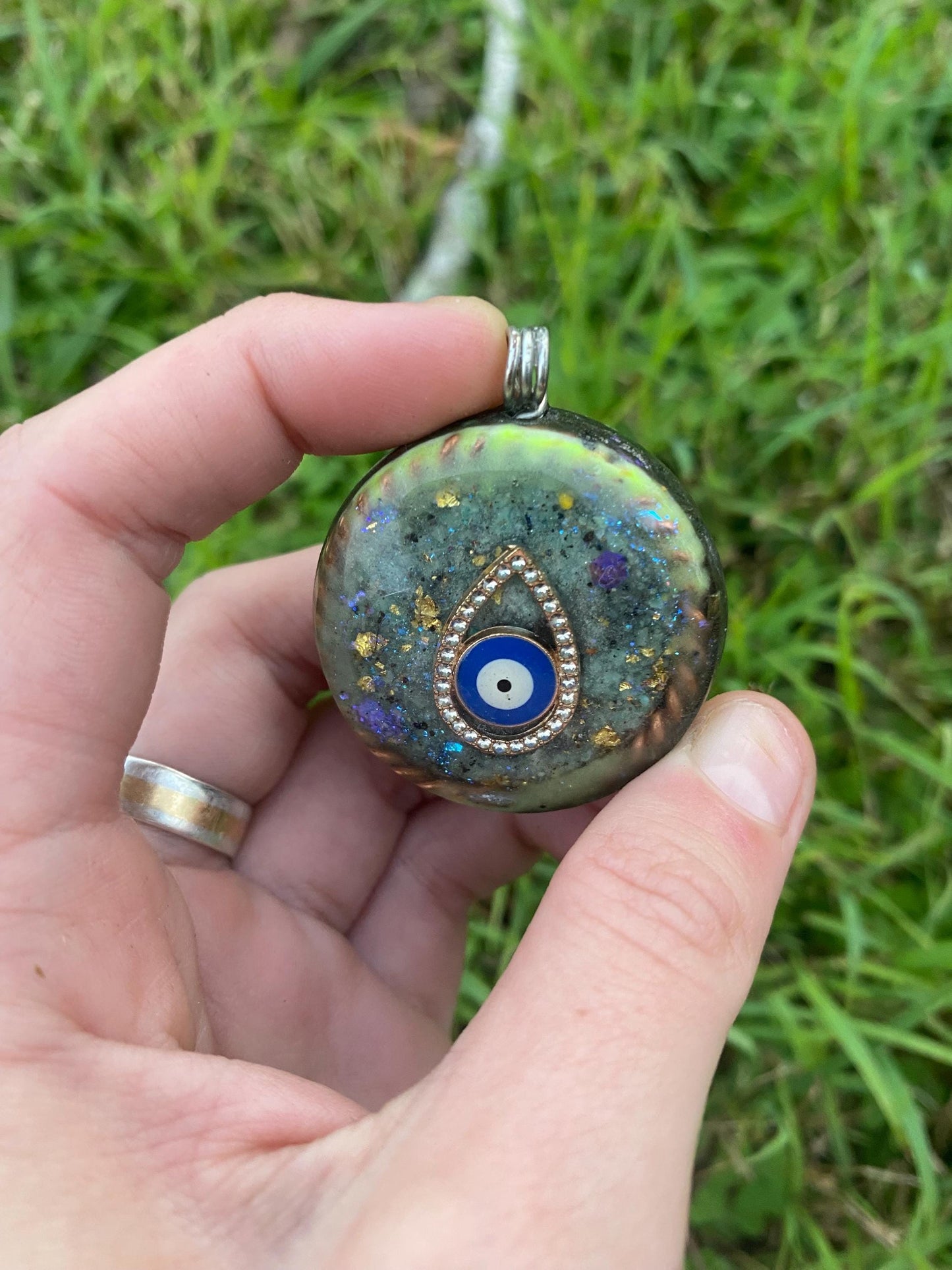 Glow in the dark Evil Eye. Pendant Necklace. Made w Elite Shungite and Amazonite. Tensor Ring. Powerful. EMF Protection. 5G Protection.