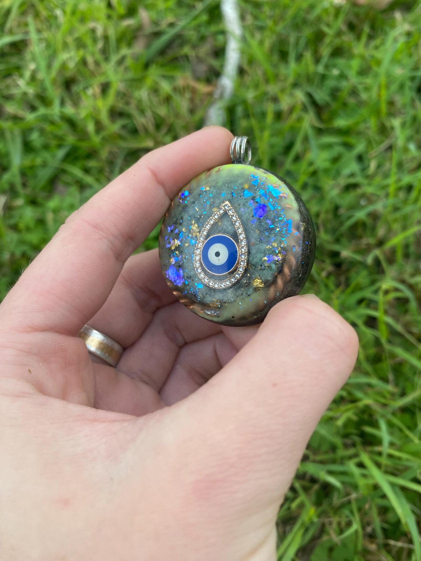 Glow in the dark Evil Eye. Pendant Necklace. Made w Elite Shungite and Amazonite. Tensor Ring. Powerful. EMF Protection. 5G Protection.
