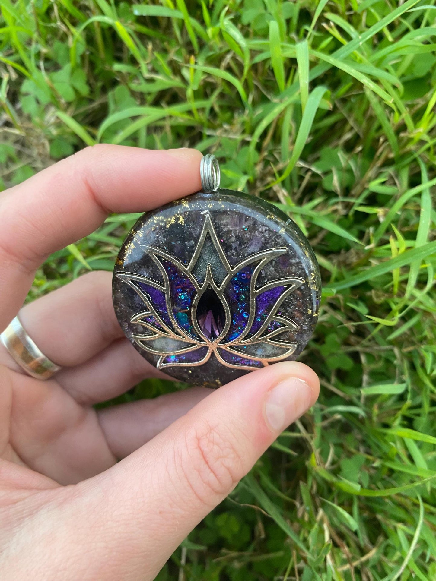 Lotus. Pendant Necklace. Made w Elite Shungite and Amethyst. Tensor Ring. Powerful. EMF Protection. 5G Protection.