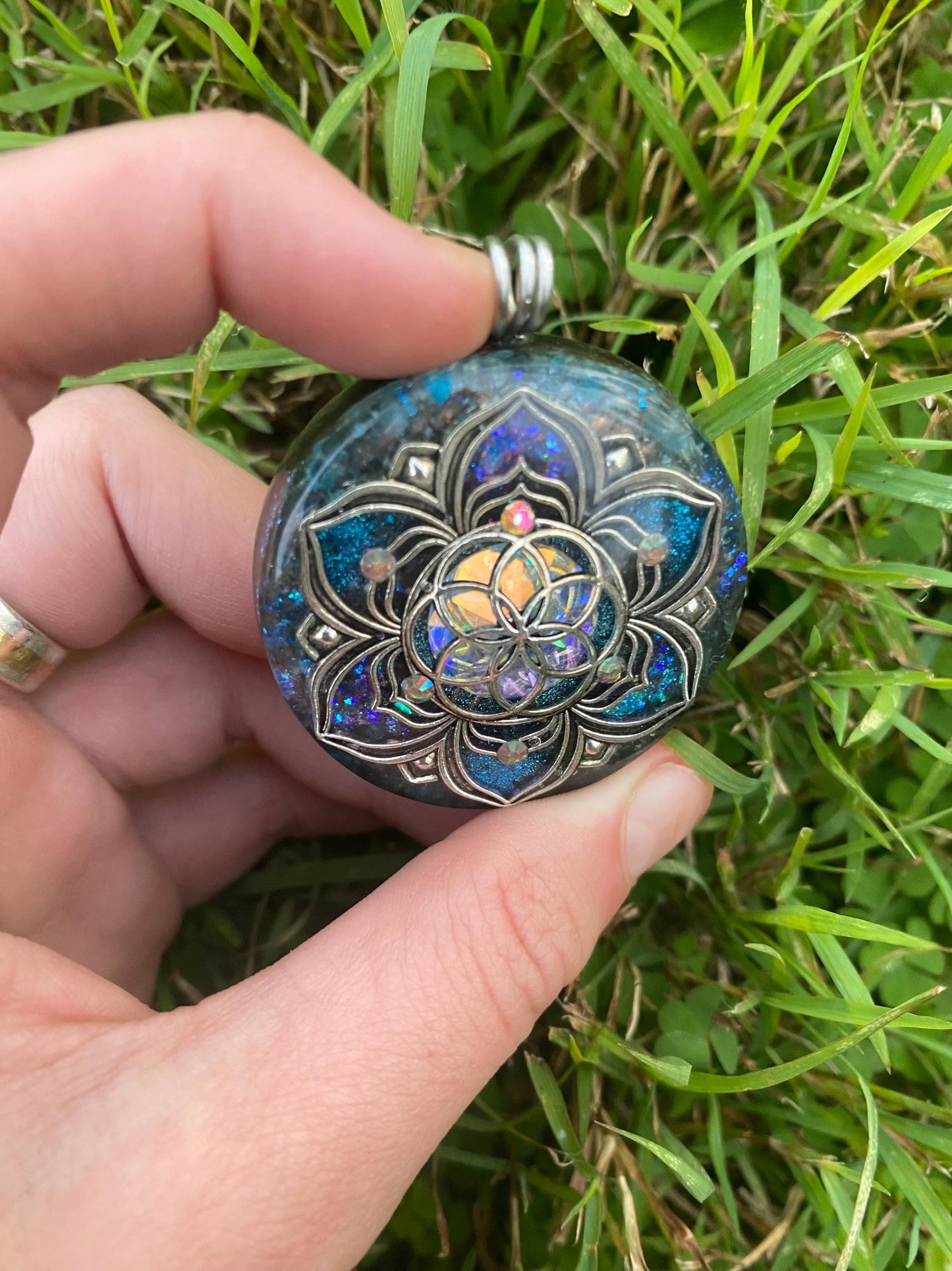 Seed of Life, Flower. Orgone Pendant Necklace. Made w Blue Apatite, & Elite Shungite. Tensor Ring. Powerful. EMF Protection.