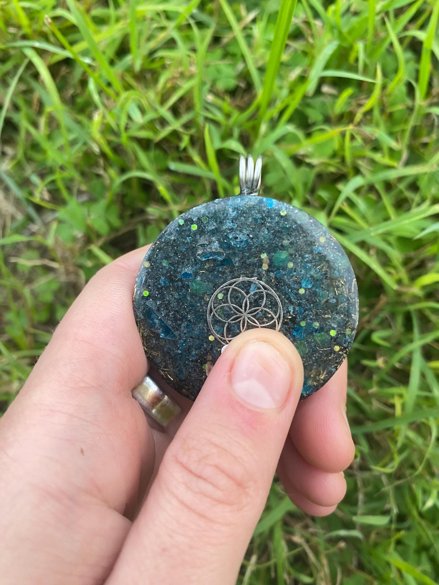 Seed of Life, Flower. Orgone Pendant Necklace. Made w Blue Apatite, & Elite Shungite. Tensor Ring. Powerful. EMF Protection.
