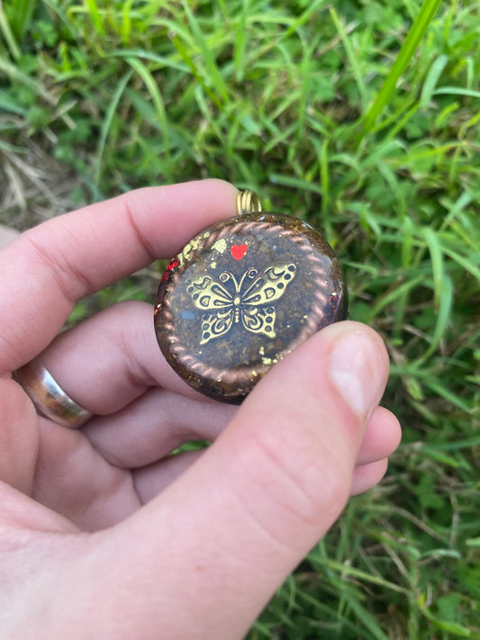 Butterfly. Orgone Pendant Necklace. Made w Elite Shungite, Tigers Eye and 24ct Gold. Powerful. EMF Protection. 5G Protection. TENSOR RING