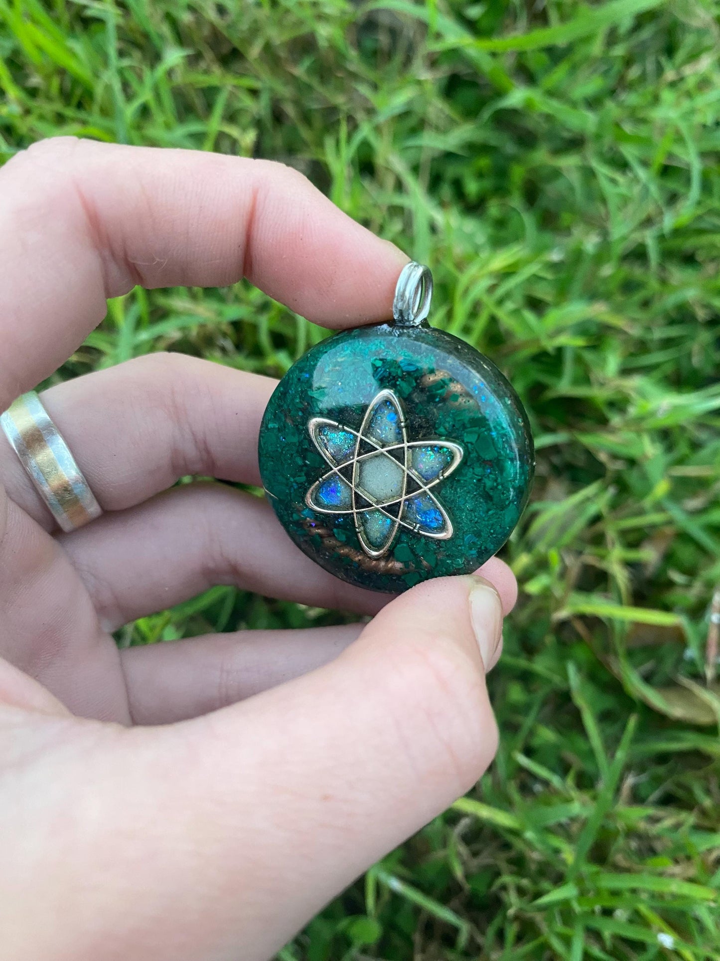 Carbon Atom, Orgone Pendant Necklace. Made w Elite Shungite and Malachite. Powerful. EMF Protection. 5G Protection. Glow in the dark!