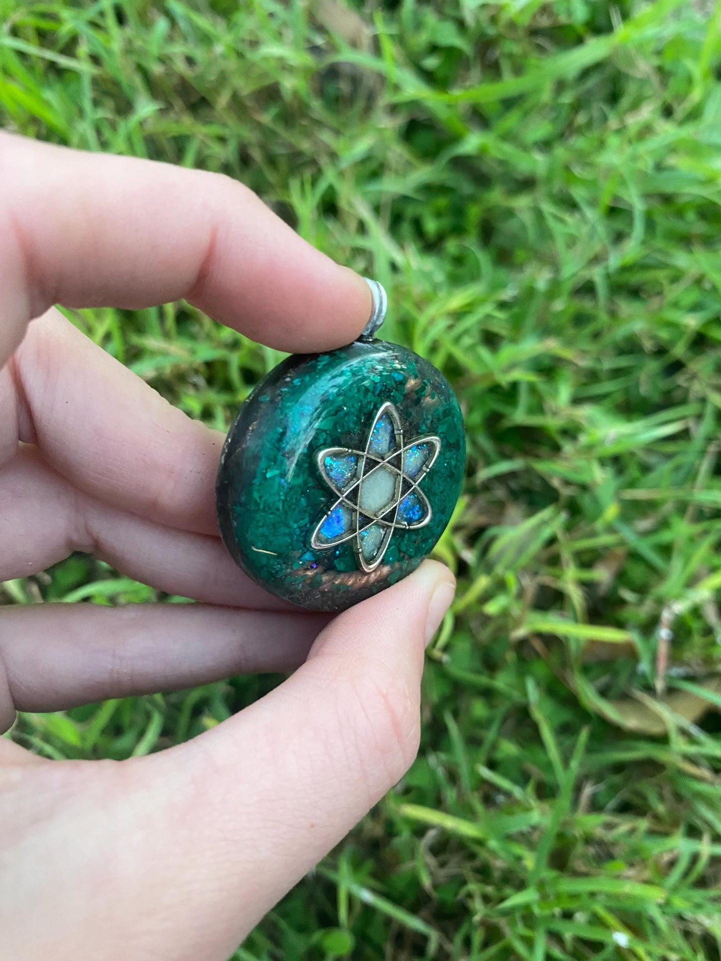 Carbon Atom, Orgone Pendant Necklace. Made w Elite Shungite and Malachite. Powerful. EMF Protection. 5G Protection. Glow in the dark!
