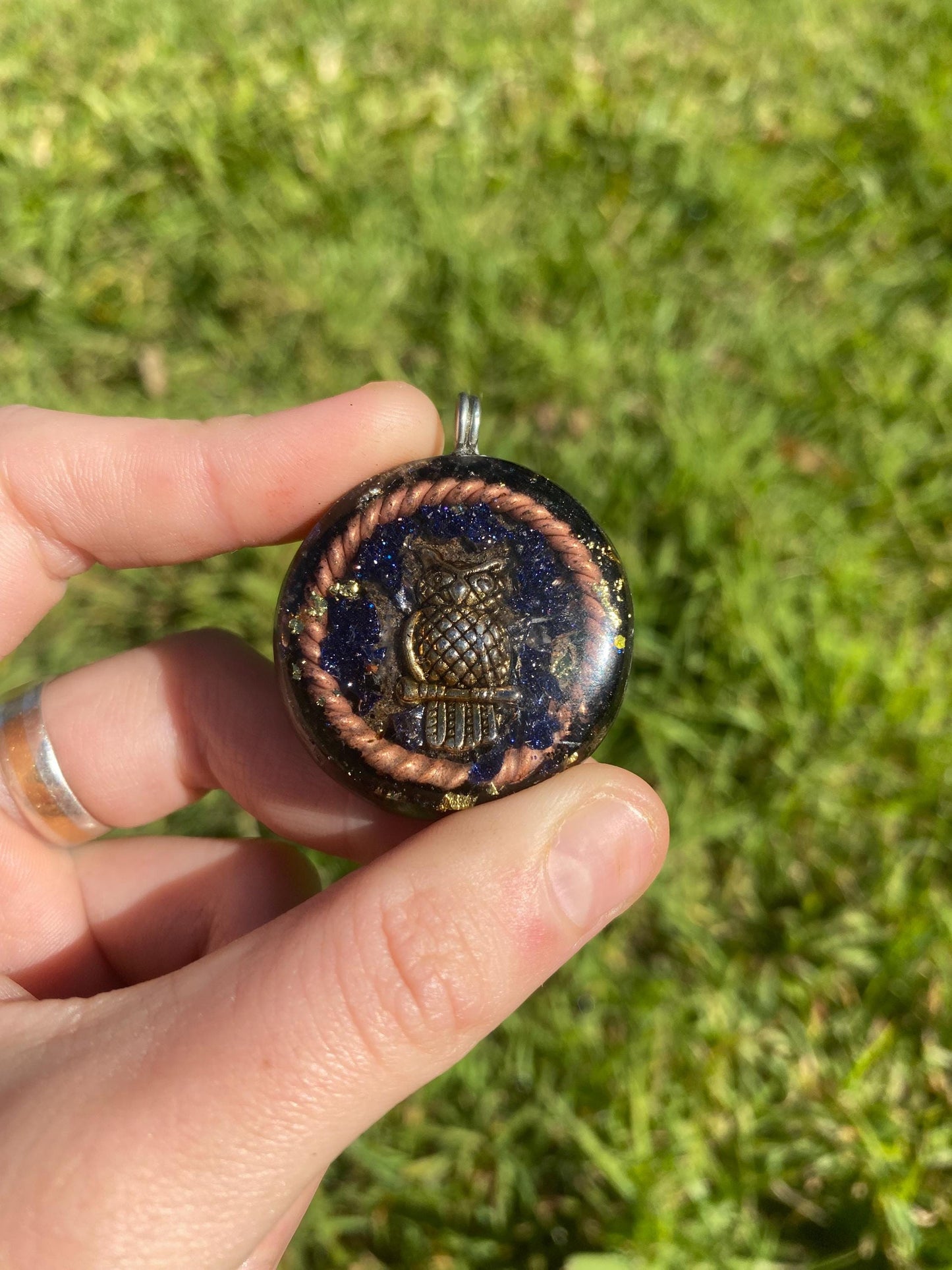 Owl. Orgone Pendant Necklace. Made w Elite Shungite, Selenite & Blue Goldstone. Powerful. EMF Protection. 5G Protection. TENSOR RING