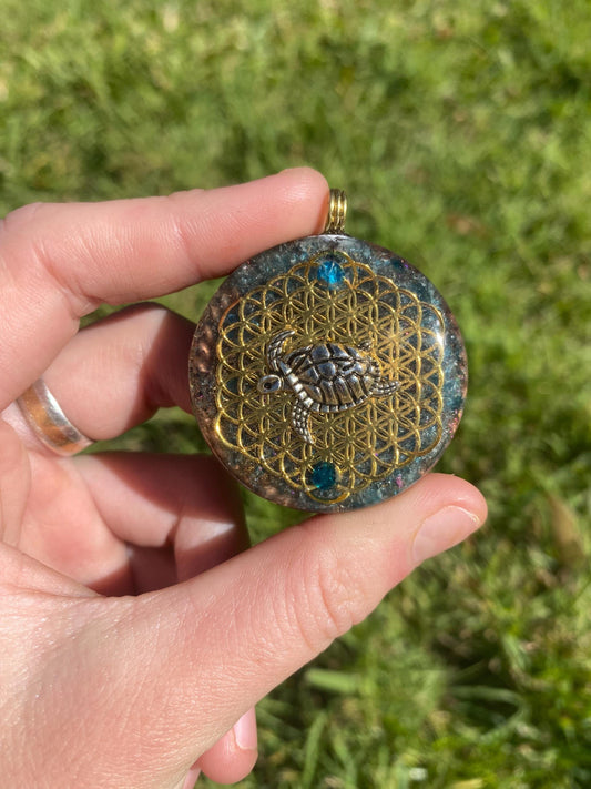 Turtle/Flower Of Life. Orgone Pendant Necklace. Made w Blue Apatite, & Elite Shungite. Tensor Ring. Powerful. EMF Protection.