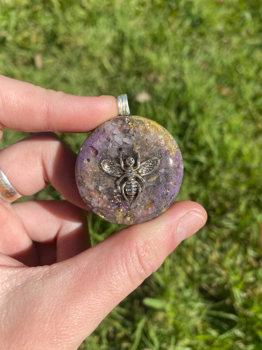 Bee Orgonite Pendant Necklace, Shungite Gold Rose Quartz, EMF Protection