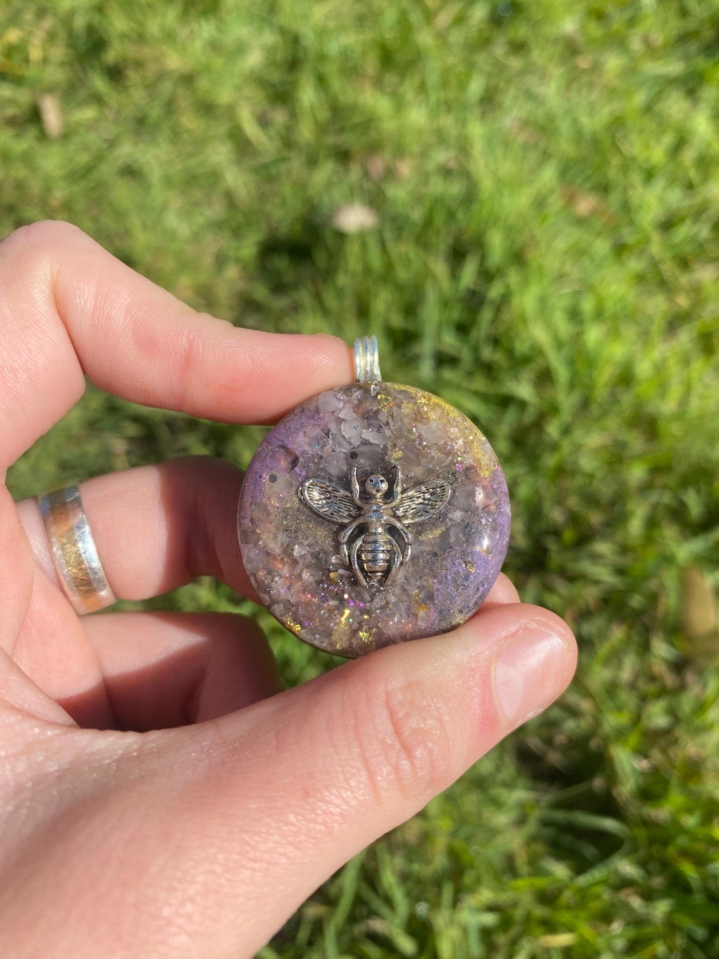 Bee Orgonite Pendant Necklace, Shungite Gold Rose Quartz, EMF Protection