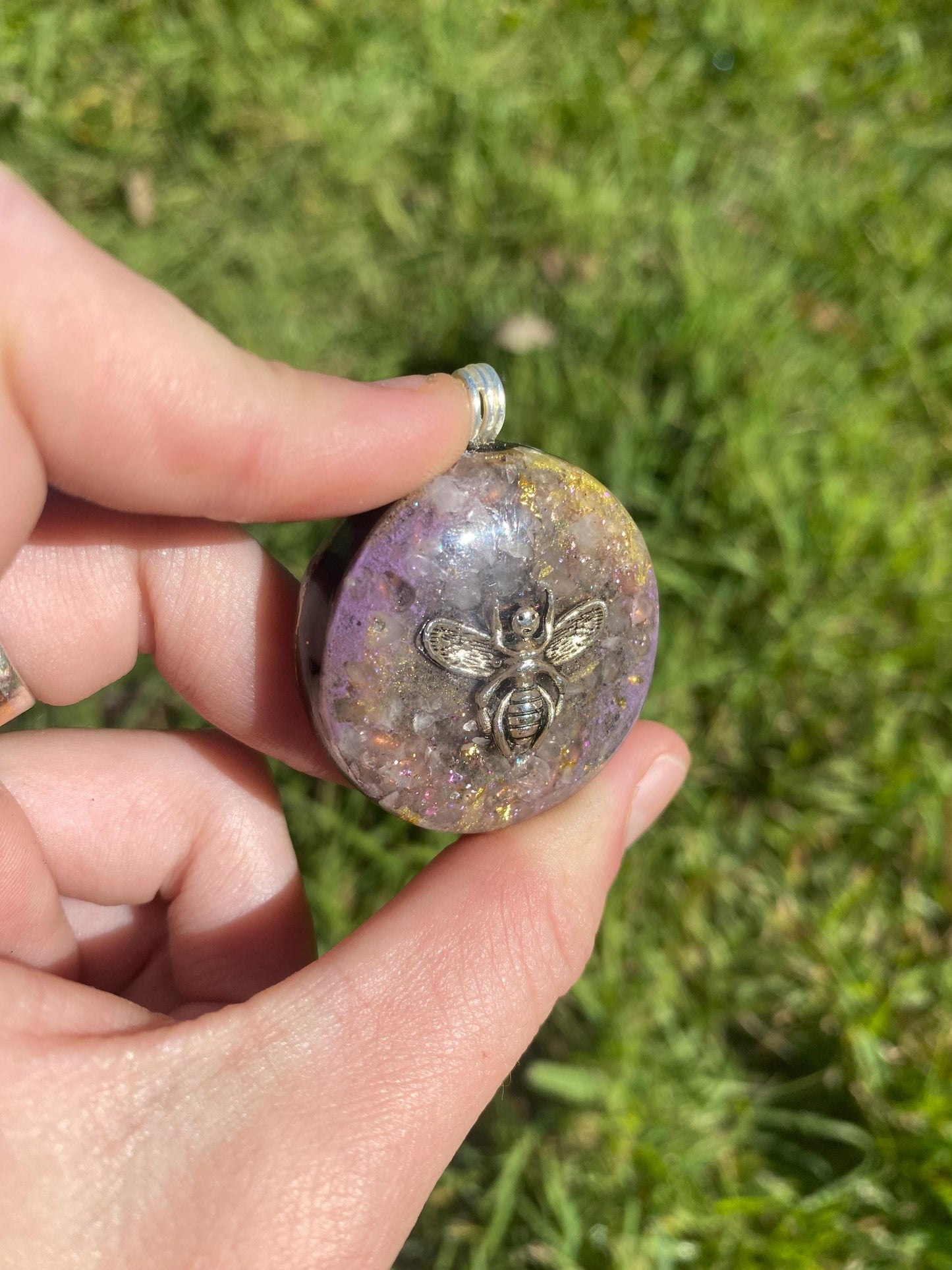 Bee Orgonite Pendant Necklace, Shungite Gold Rose Quartz, EMF Protection