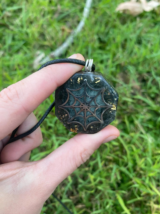 Spider Web, Orgone Pendant Necklace. Made w Elite Shungite, Gold Sheen Obsidian, 24ct Gold and Tensor Ring. Powerful. EMF Protection.