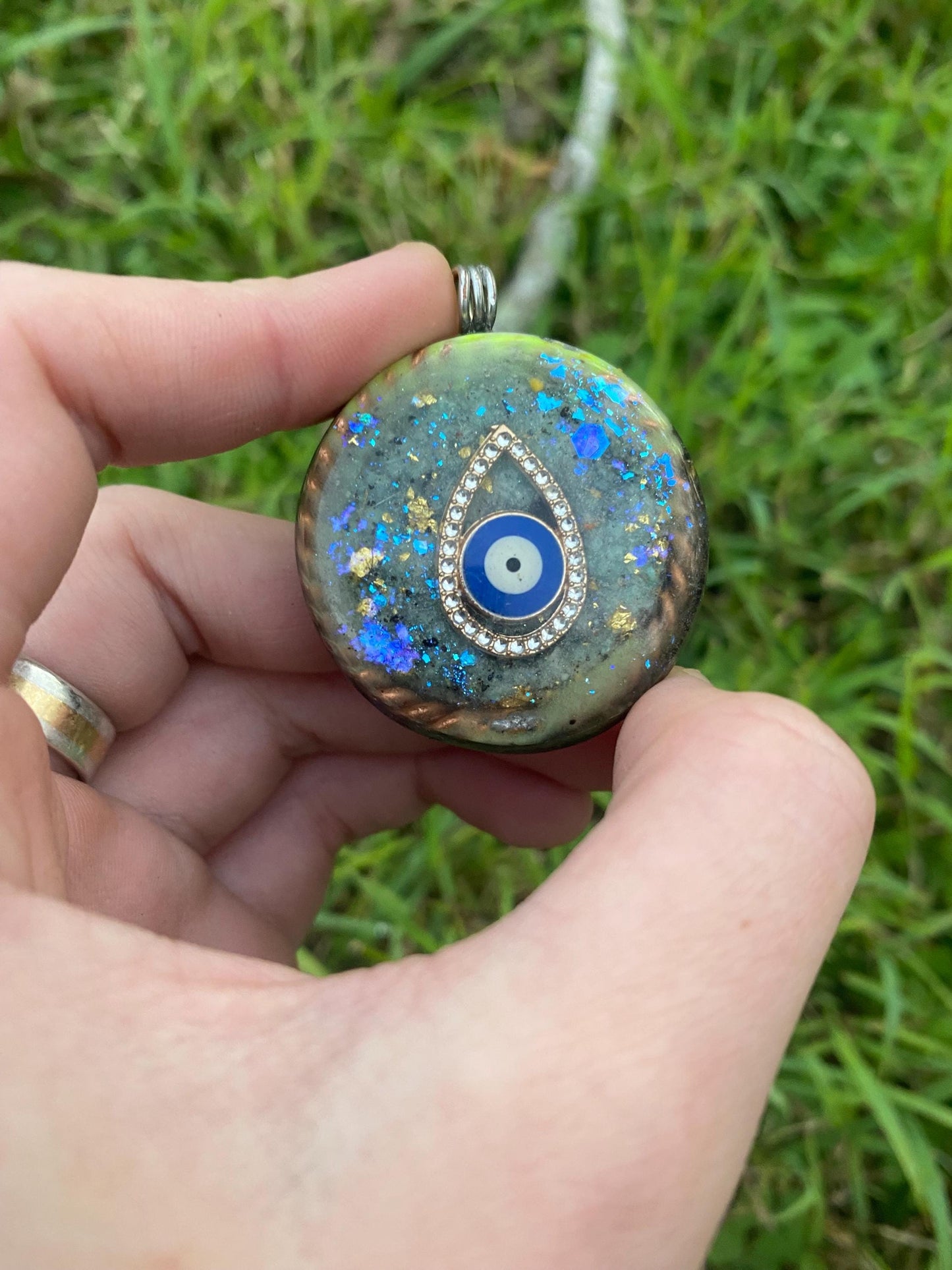Glow in the dark Evil Eye. Pendant Necklace. Made w Elite Shungite and Amazonite. Tensor Ring. Powerful. EMF Protection. 5G Protection.