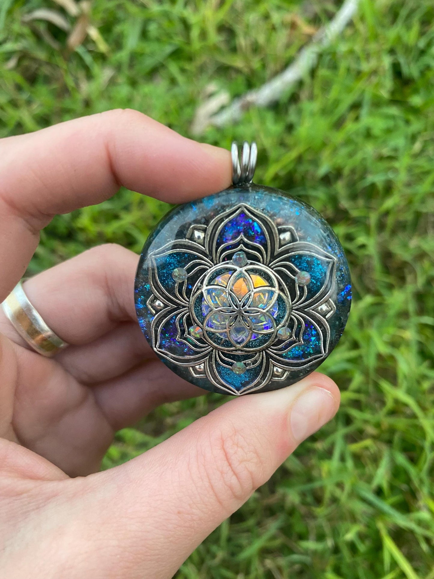 Seed of Life, Flower. Orgone Pendant Necklace. Made w Blue Apatite, & Elite Shungite. Tensor Ring. Powerful. EMF Protection.