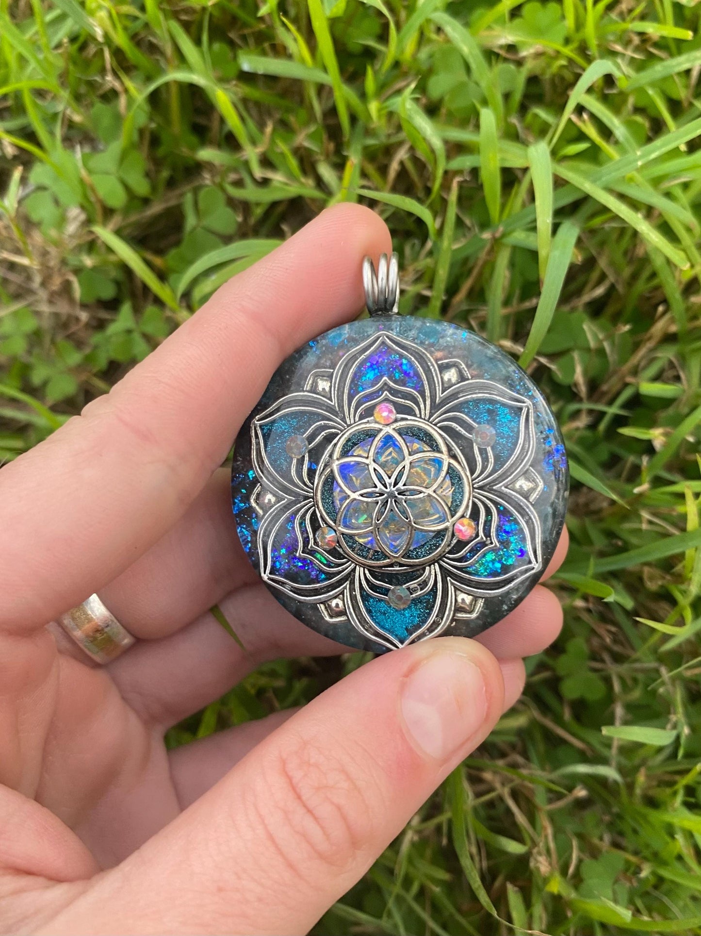 Seed of Life, Flower. Orgone Pendant Necklace. Made w Blue Apatite, & Elite Shungite. Tensor Ring. Powerful. EMF Protection.
