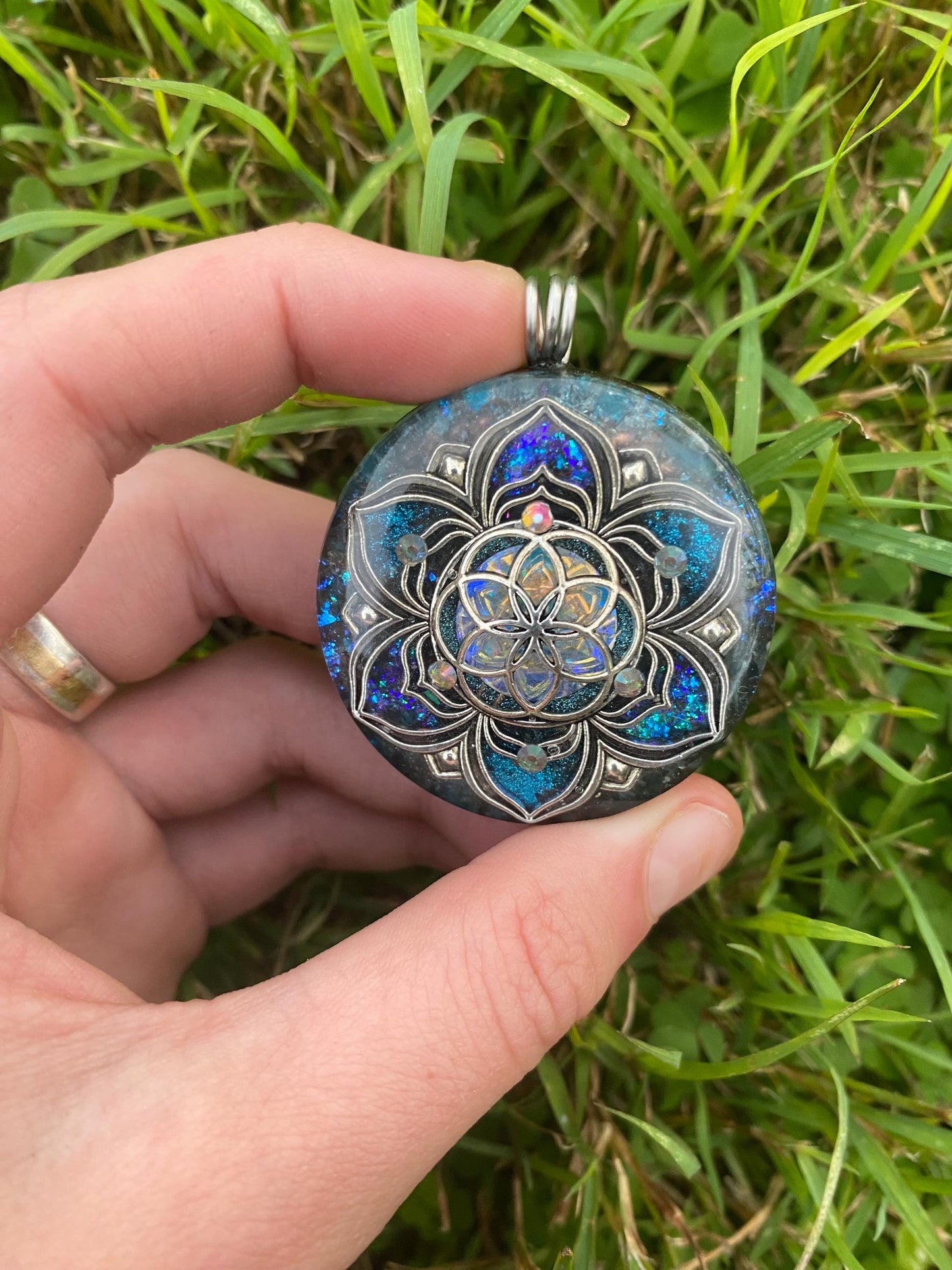 Seed of Life, Flower. Orgone Pendant Necklace. Made w Blue Apatite, & Elite Shungite. Tensor Ring. Powerful. EMF Protection.