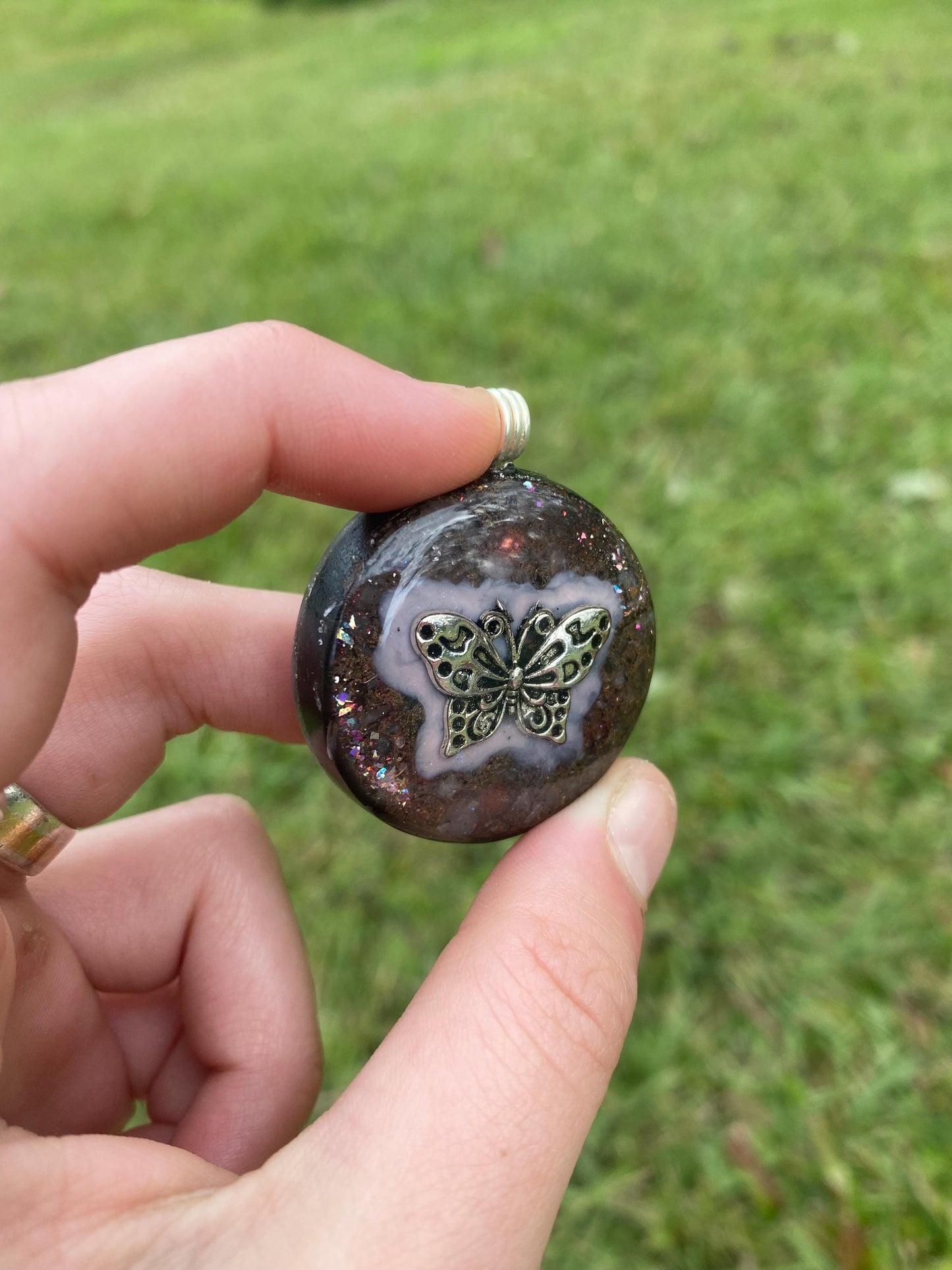 Butterfly. Pendant Necklace. Made w rose quartz, Elite Shungite, & Tensor Ring. Powerful. Emf Protection.