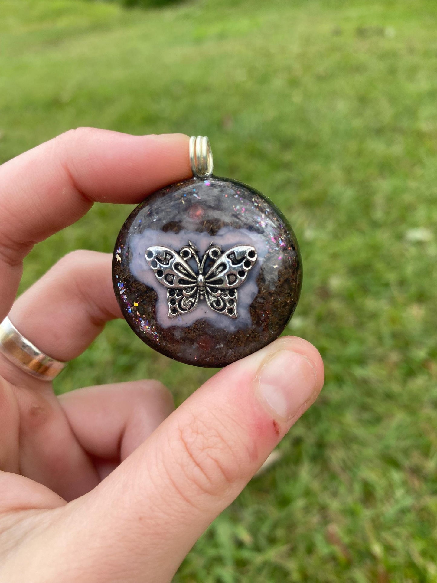Butterfly. Pendant Necklace. Made w rose quartz, Elite Shungite, & Tensor Ring. Powerful. Emf Protection.