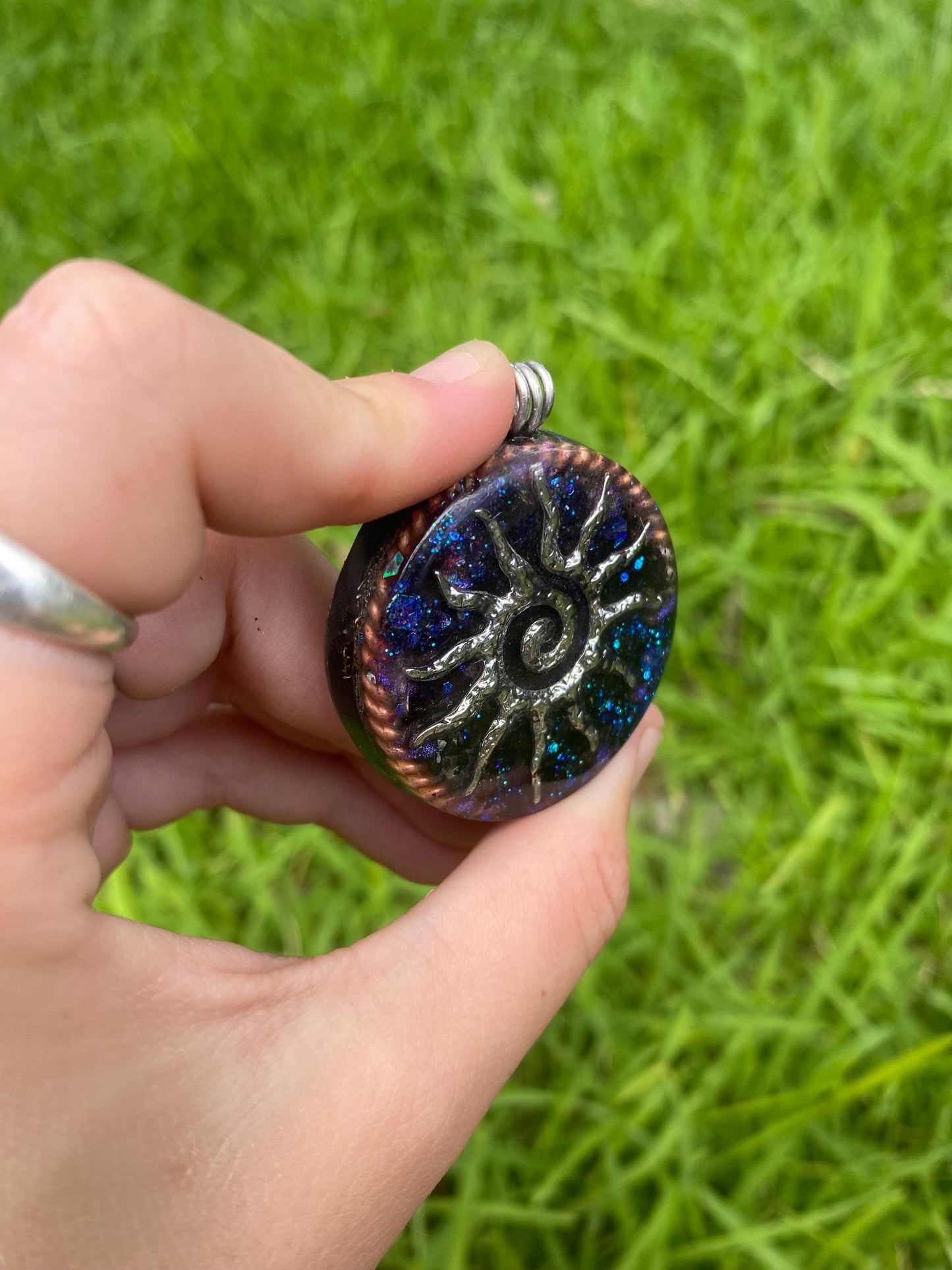 Sun Spiral Orgonite Pendant, Shungite Selenite Mica, EMF Protection