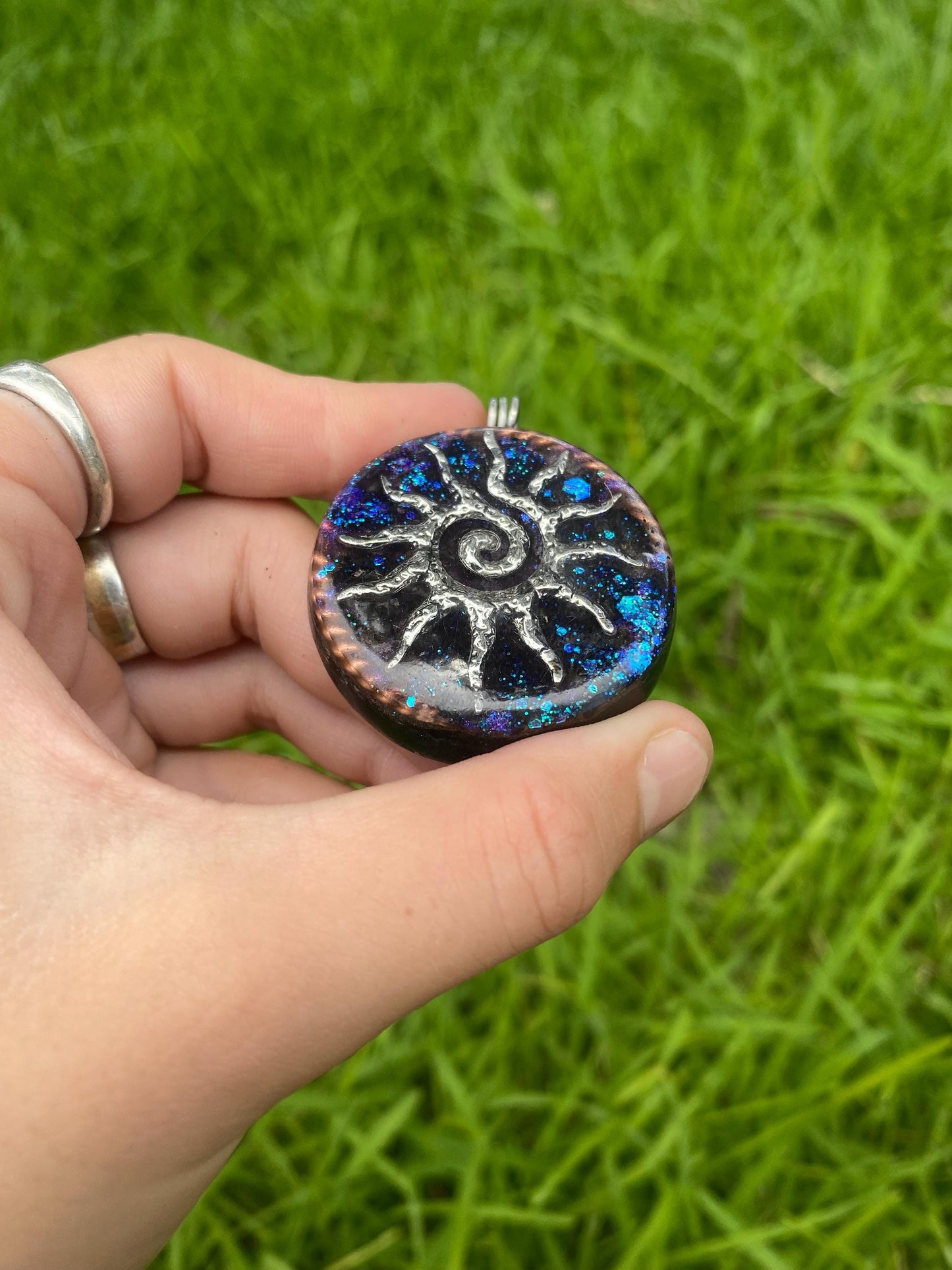 Sun Spiral Orgonite Pendant, Shungite Selenite Mica, EMF Protection