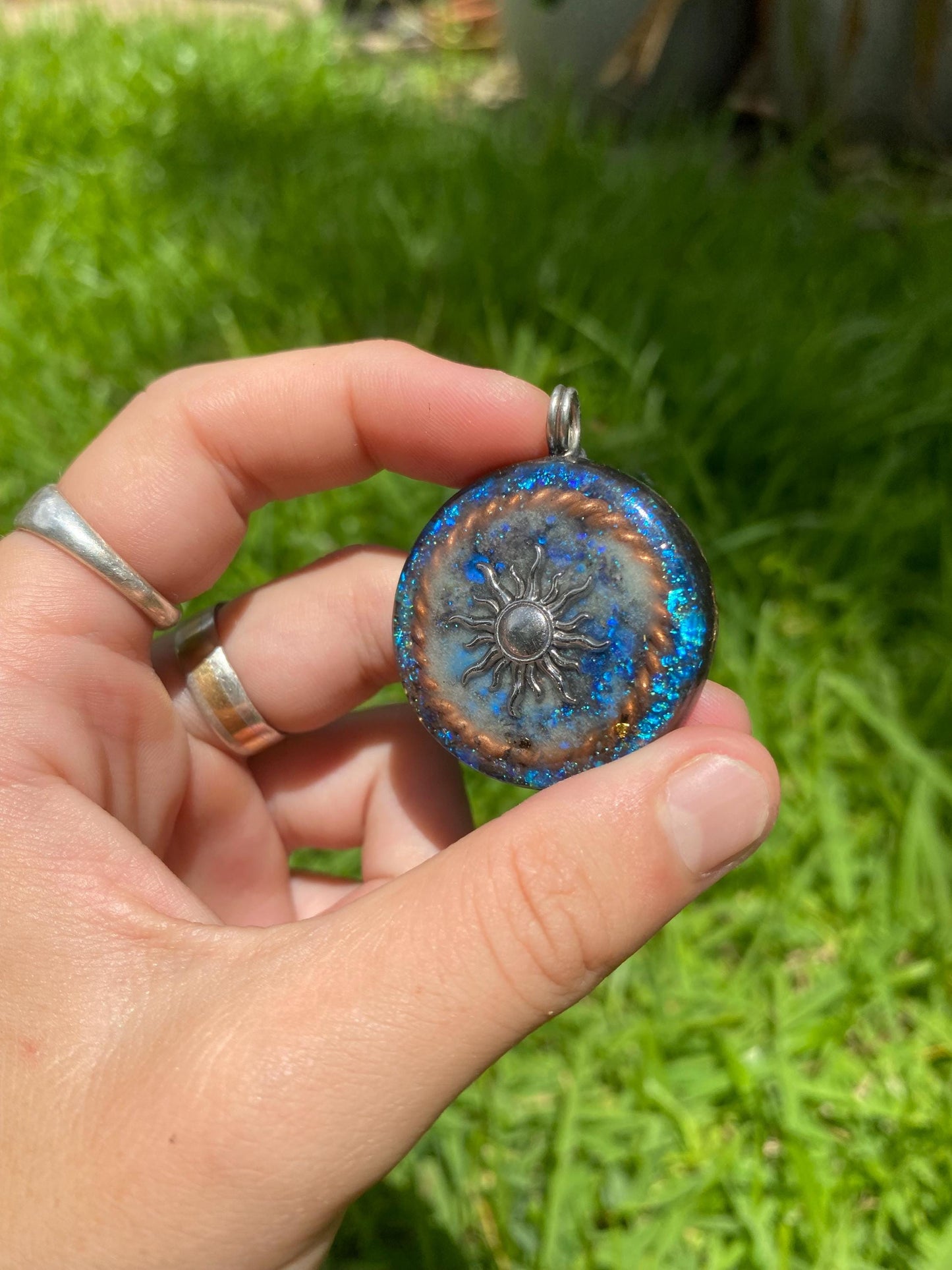 Sun, Orgonite Pendant: Shungite, Amethyst, Tensor Ring EMF Protection. Glow in the dark