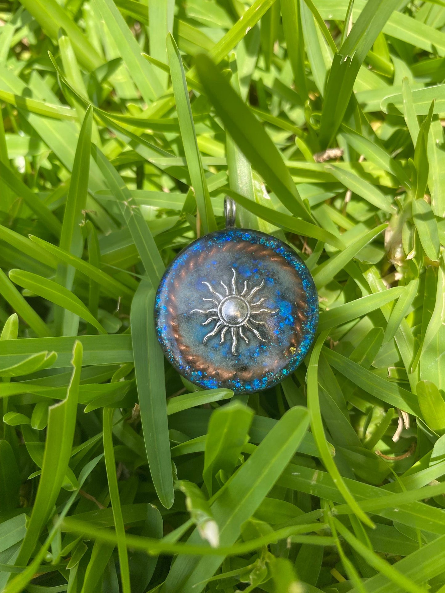 Sun, Orgonite Pendant: Shungite, Amethyst, Tensor Ring EMF Protection. Glow in the dark