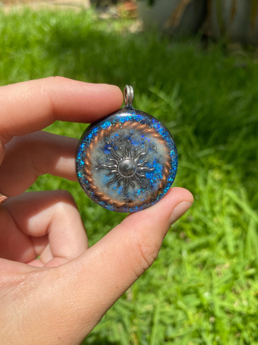 Sun, Orgonite Pendant: Shungite, Amethyst, Tensor Ring EMF Protection. Glow in the dark