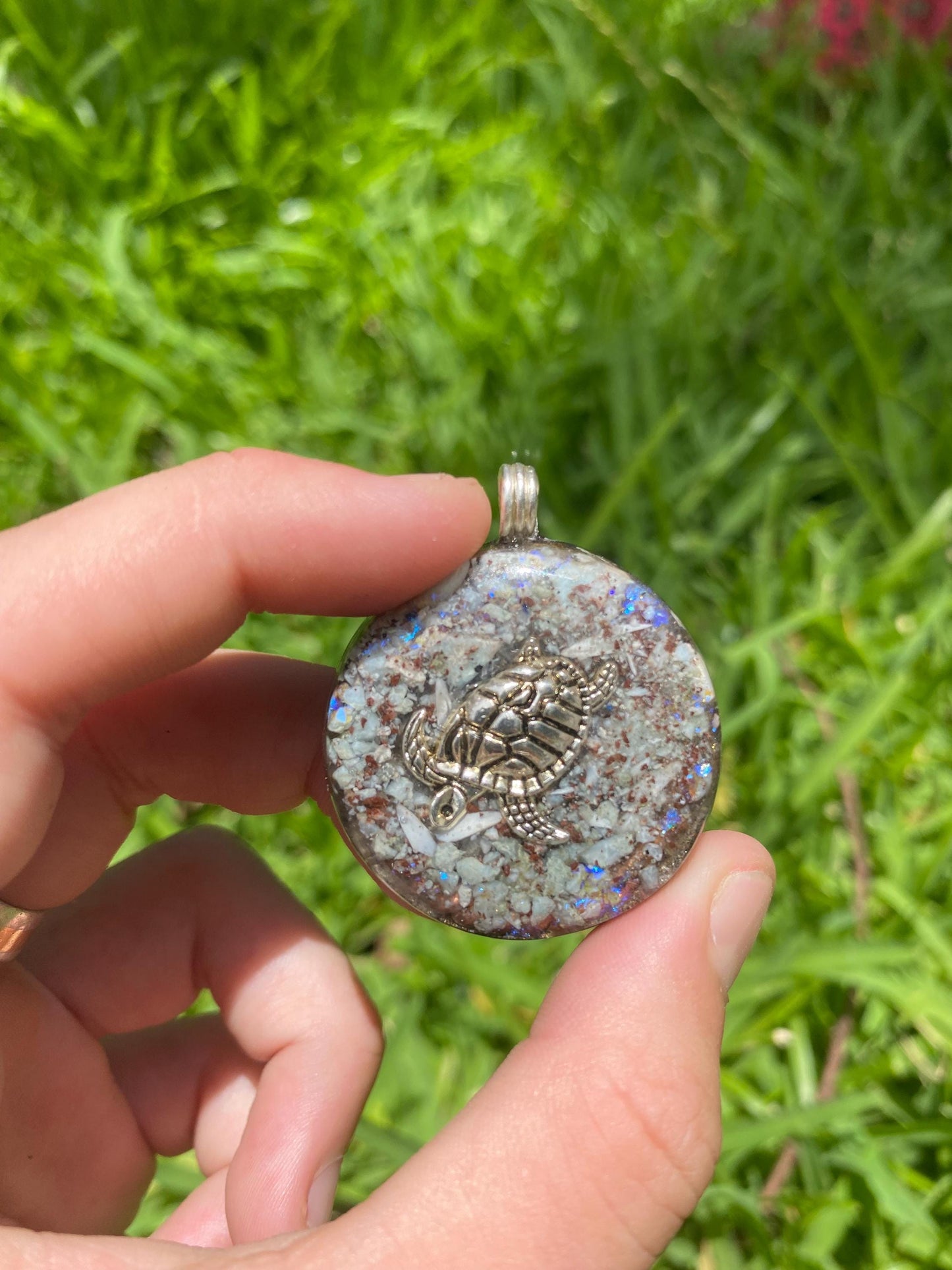 Turtle  Orgone Pendant Necklace. Made w Elite Shungite, Larimar. Powerful. EMF Protection. 5G Protection. TENSOR RING