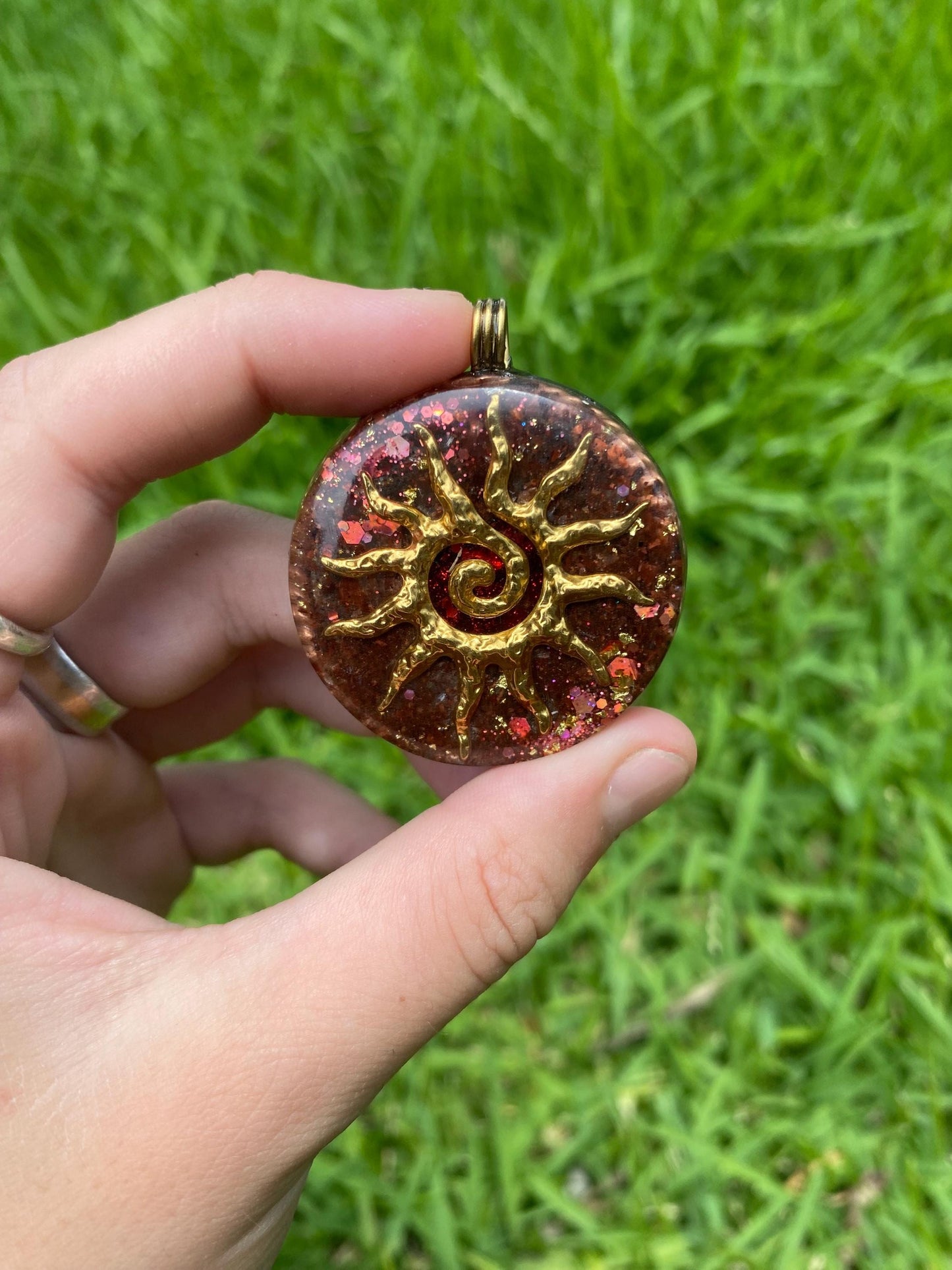 Sun Spiral Orgone Pendant Necklace. Made w Elite Shungite, Red Tigers Eye, 24ct gold. Powerful. EMF Protection. 5G Protection. TENSOR RING