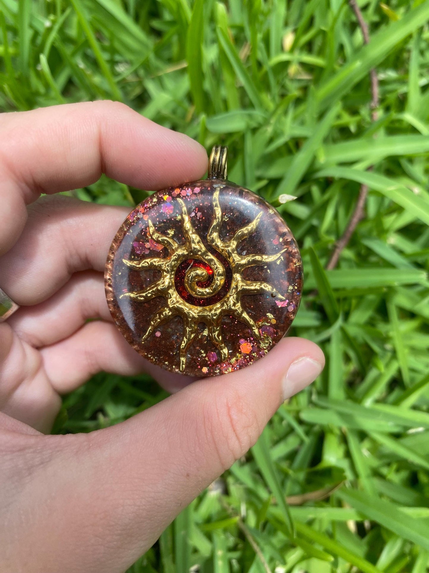 Sun Spiral Orgone Pendant Necklace. Made w Elite Shungite, Red Tigers Eye, 24ct gold. Powerful. EMF Protection. 5G Protection. TENSOR RING