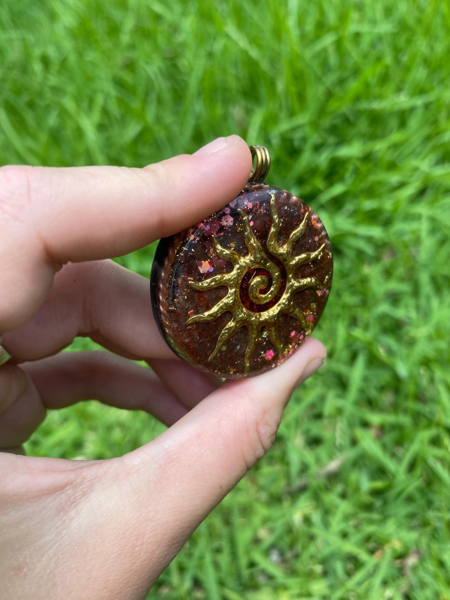 Sun Spiral Orgone Pendant Necklace. Made w Elite Shungite, Red Tigers Eye, 24ct gold. Powerful. EMF Protection. 5G Protection. TENSOR RING