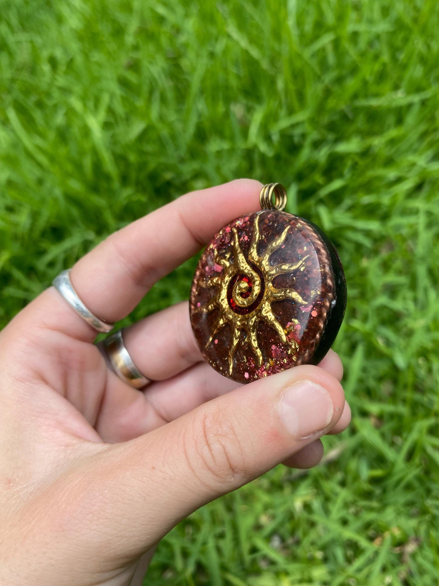 Sun Spiral Orgone Pendant Necklace. Made w Elite Shungite, Red Tigers Eye, 24ct gold. Powerful. EMF Protection. 5G Protection. TENSOR RING