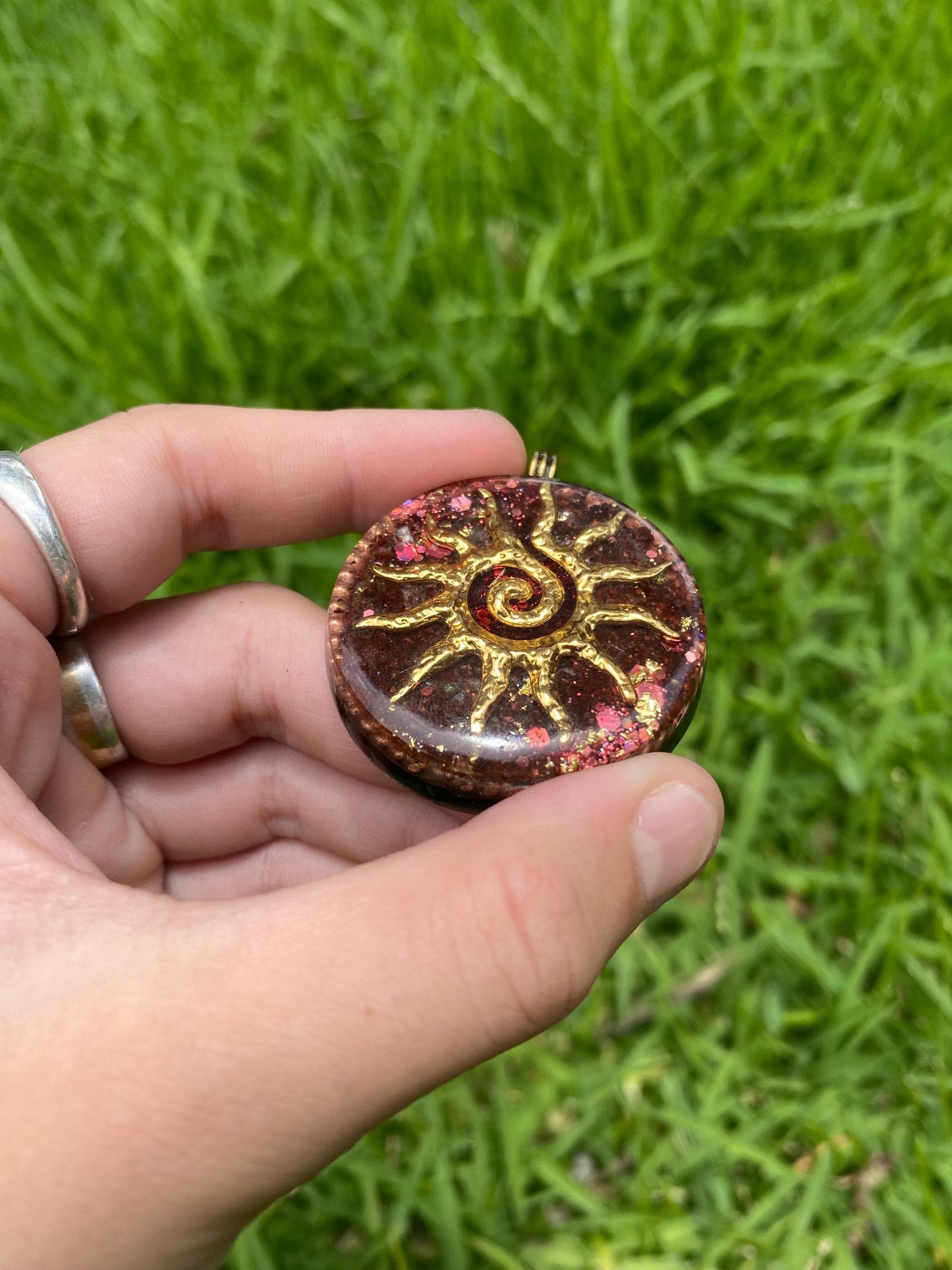 Sun Spiral Orgone Pendant Necklace. Made w Elite Shungite, Red Tigers Eye, 24ct gold. Powerful. EMF Protection. 5G Protection. TENSOR RING