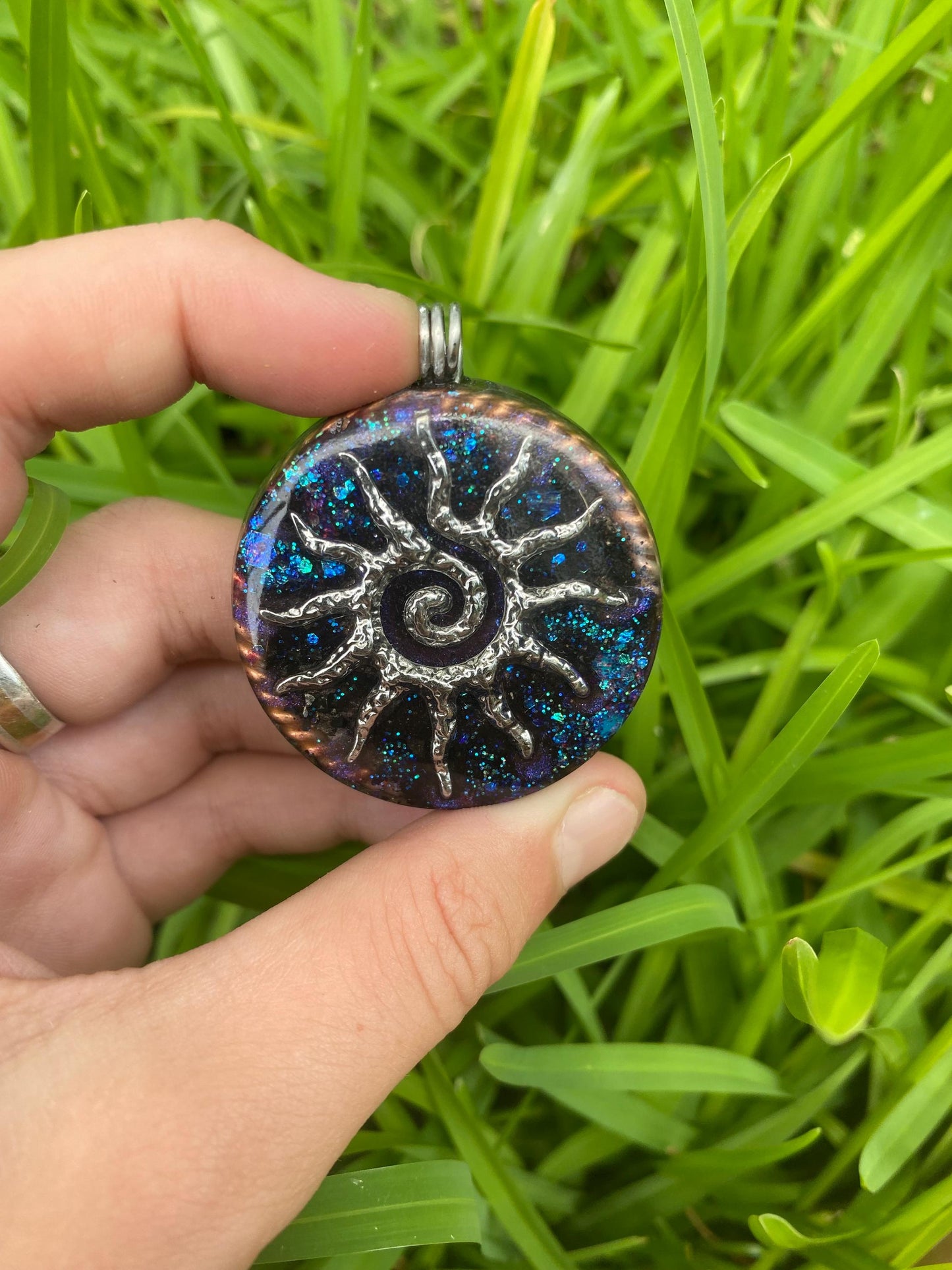 Sun Spiral Orgonite Pendant, Shungite Selenite Mica, EMF Protection