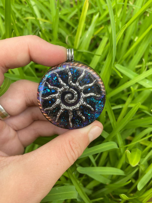 Sun Spiral Orgonite Pendant, Shungite Selenite Mica, EMF Protection