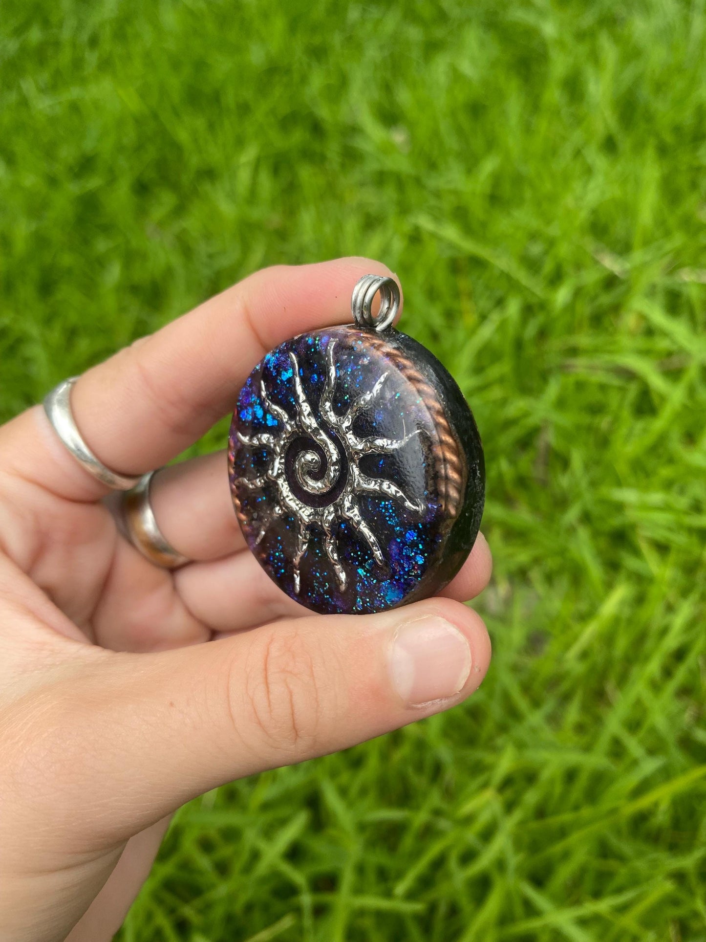 Sun Spiral Orgonite Pendant, Shungite Selenite Mica, EMF Protection