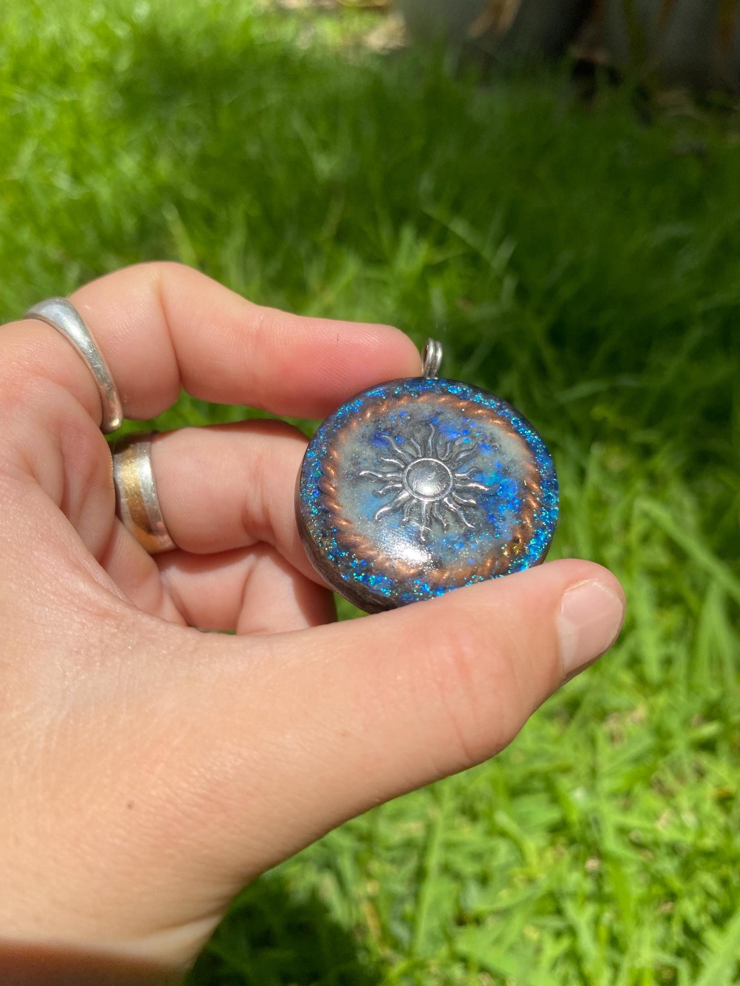 Sun, Orgonite Pendant: Shungite, Amethyst, Tensor Ring EMF Protection. Glow in the dark