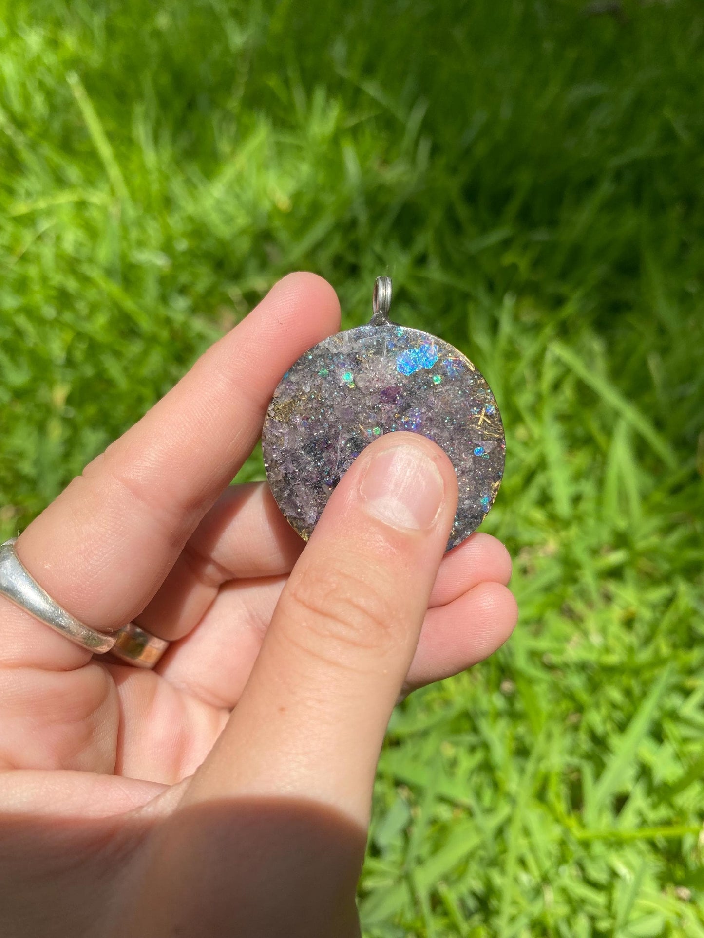 Sun, Orgonite Pendant: Shungite, Amethyst, Tensor Ring EMF Protection. Glow in the dark