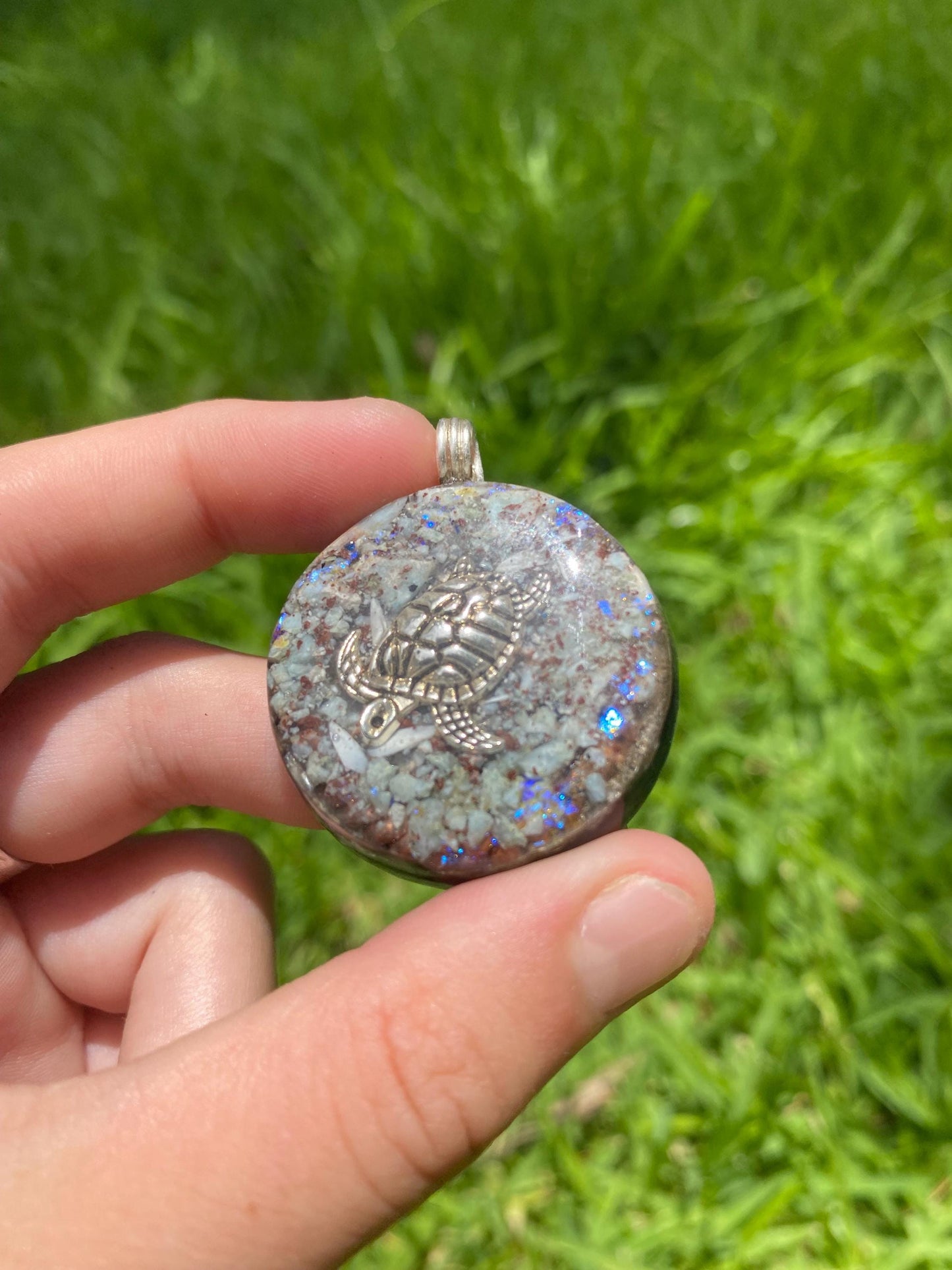 Turtle  Orgone Pendant Necklace. Made w Elite Shungite, Larimar. Powerful. EMF Protection. 5G Protection. TENSOR RING