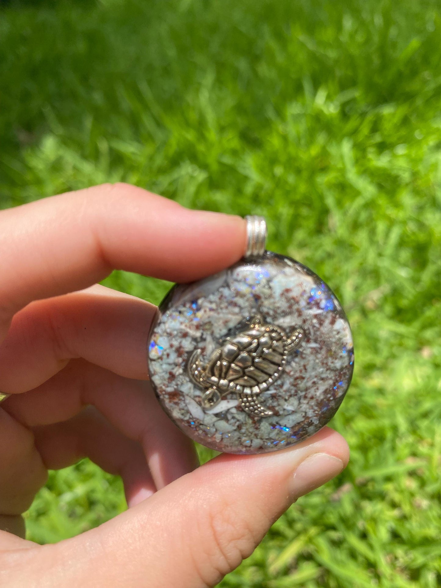 Turtle  Orgone Pendant Necklace. Made w Elite Shungite, Larimar. Powerful. EMF Protection. 5G Protection. TENSOR RING