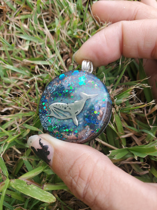 Whale Orgone Pendant Necklace. Made w Elite Shungite, Selenite, Malachite & Azurite. Powerful. EMF Protection. Glow in the dark. TENSOR RING