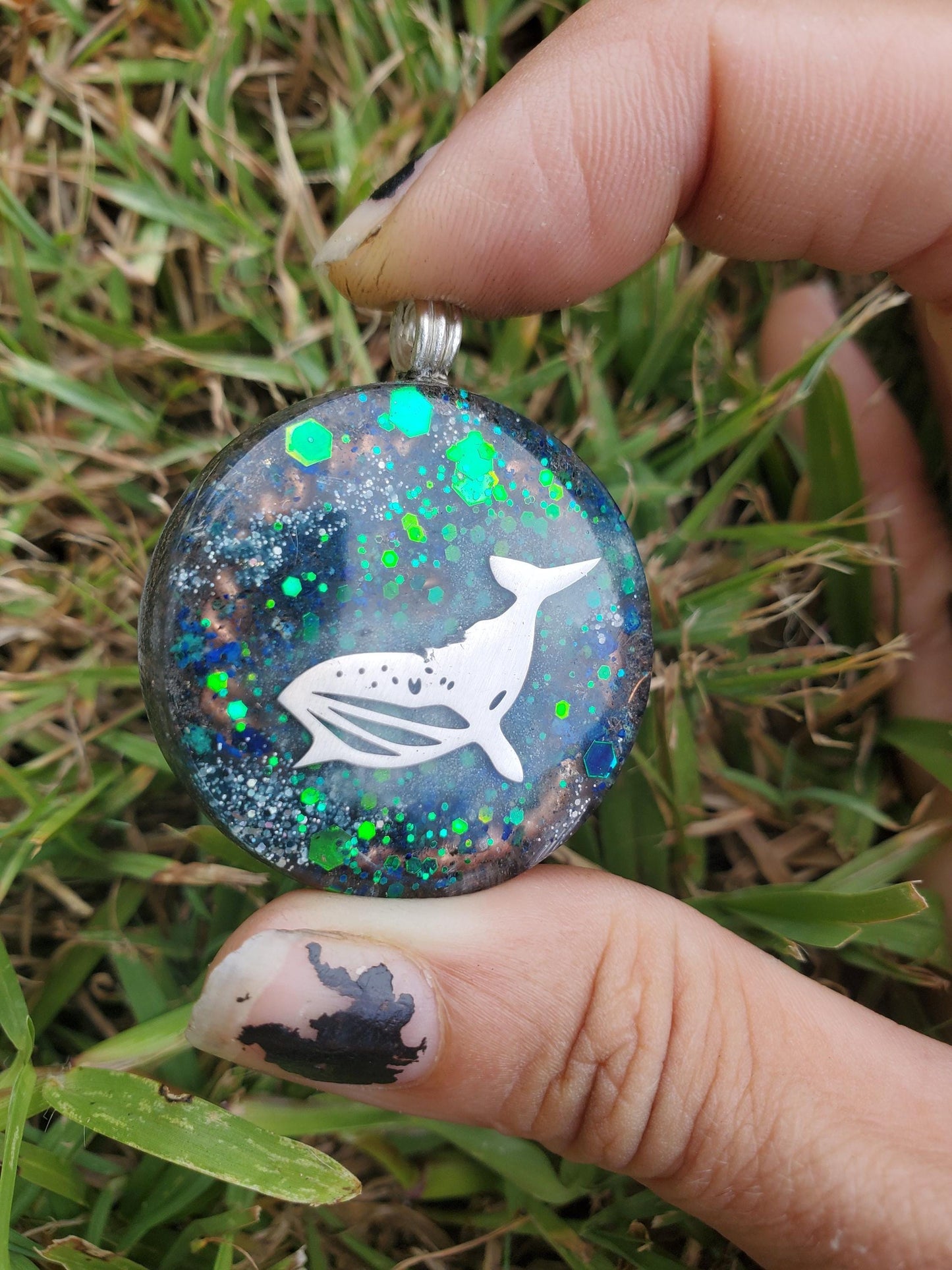 Whale Orgone Pendant Necklace. Made w Elite Shungite, Selenite, Malachite & Azurite. Powerful. EMF Protection. Glow in the dark. TENSOR RING