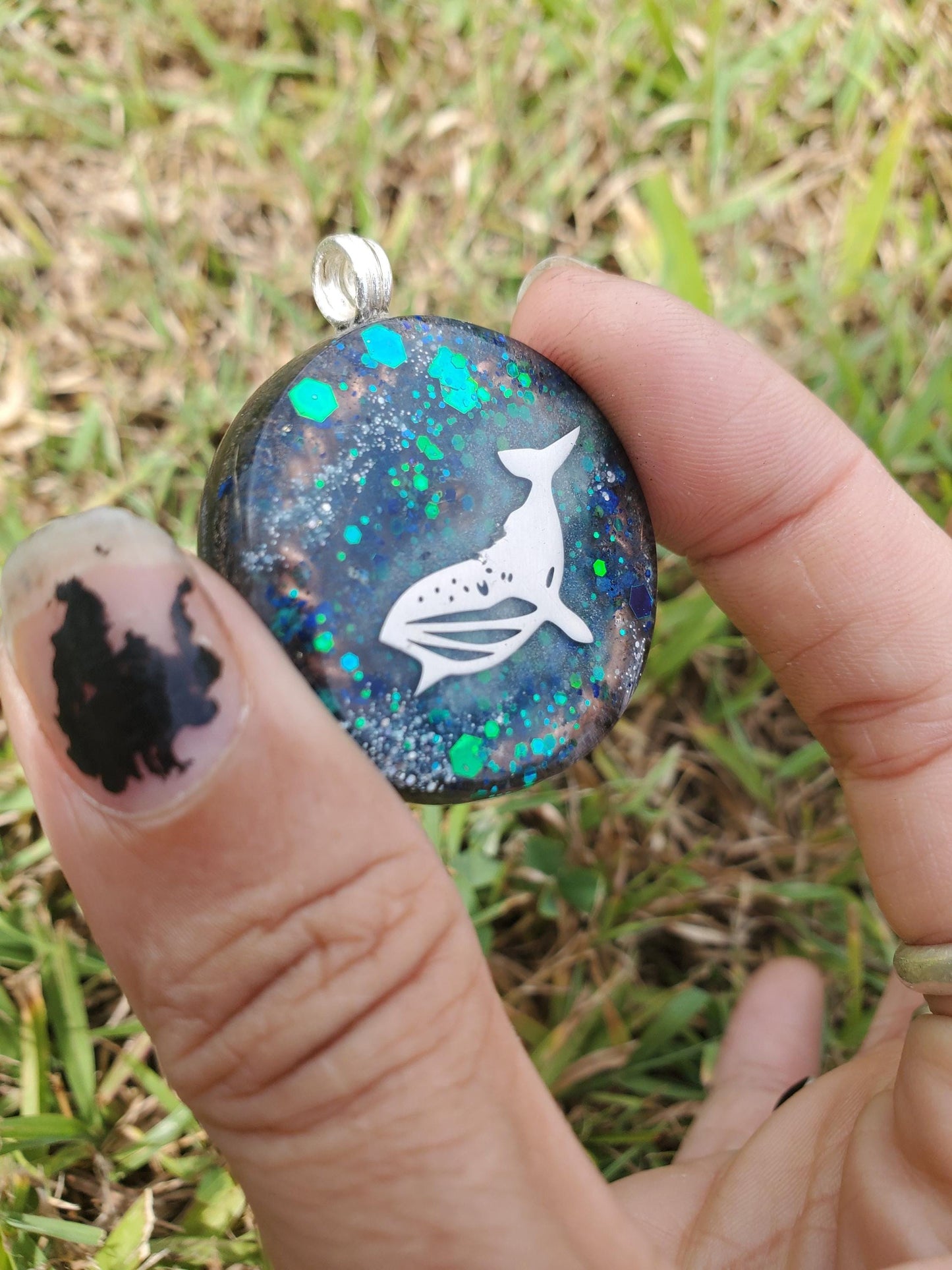 Whale Orgone Pendant Necklace. Made w Elite Shungite, Selenite, Malachite & Azurite. Powerful. EMF Protection. Glow in the dark. TENSOR RING