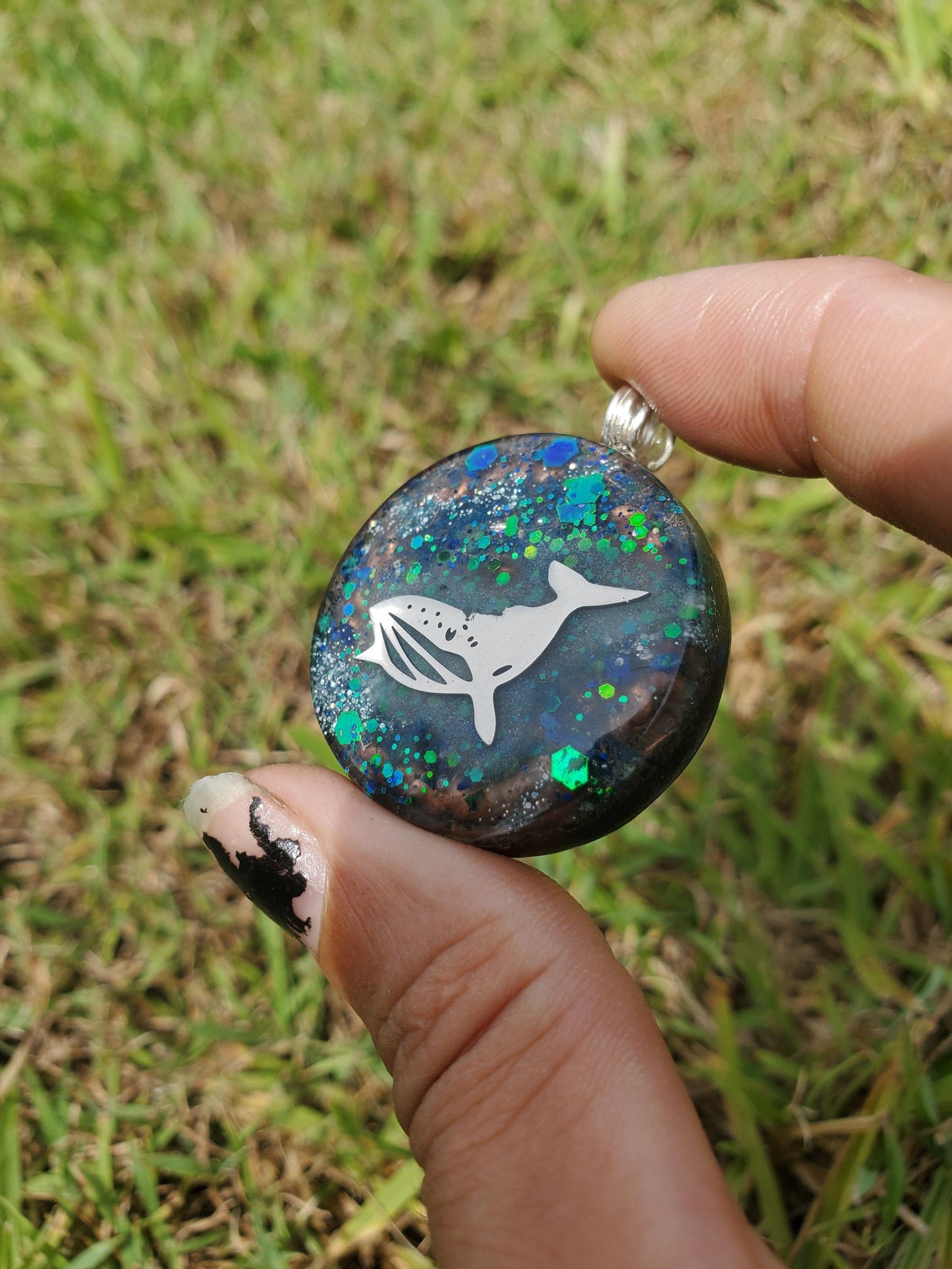 Whale Orgone Pendant Necklace. Made w Elite Shungite, Selenite, Malachite & Azurite. Powerful. EMF Protection. Glow in the dark. TENSOR RING