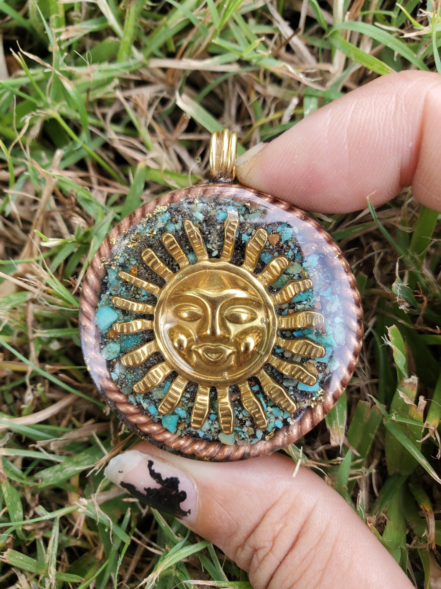 Smiling Sun Orgonite Pendant, Turquoise, Elite Shungite, EMF Protection