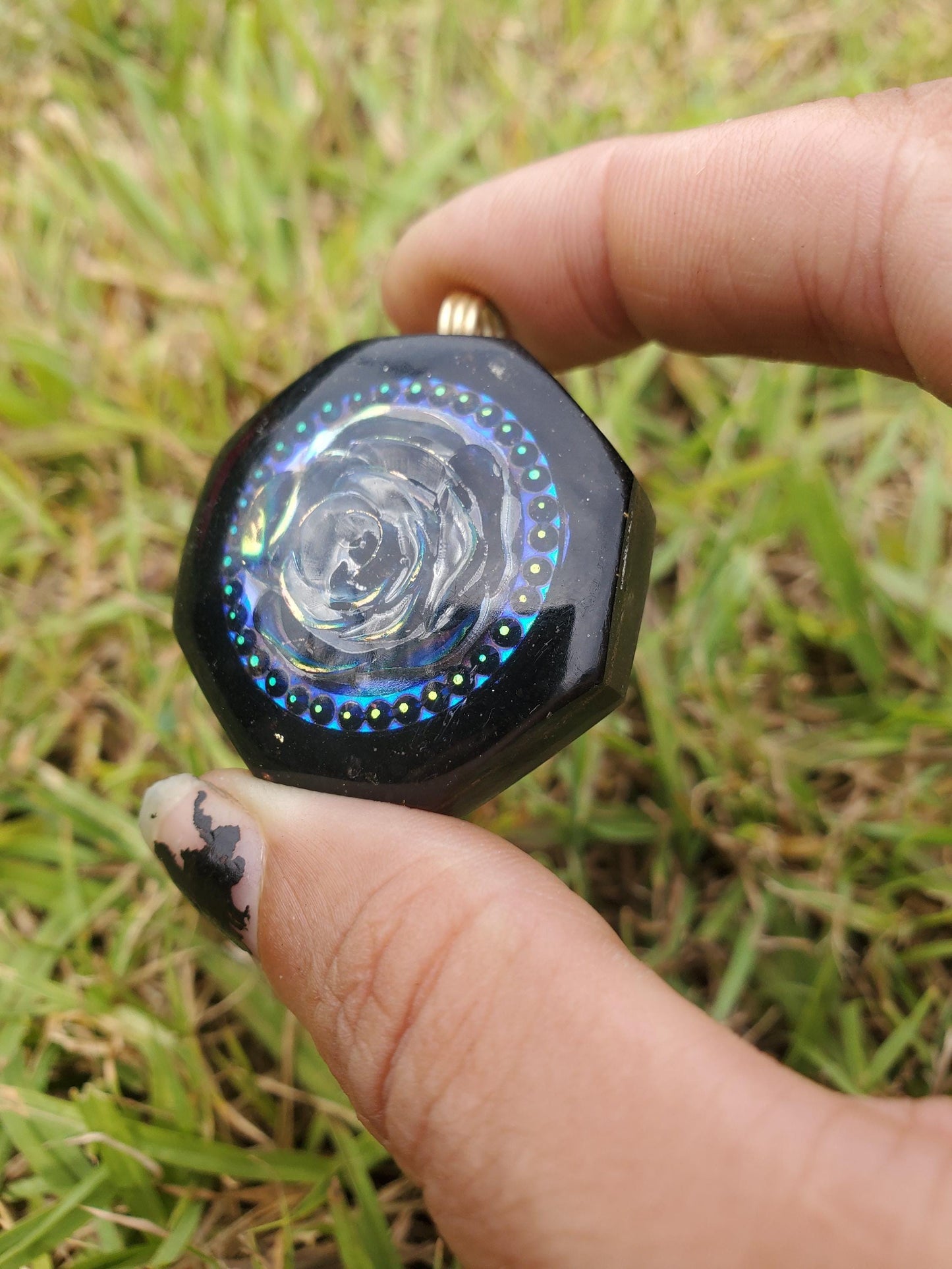 Holographic Rose orgone Pendant Necklace. Made w Elite Shungite, Selenite and Mica. Powerful. EMF 5G Protection. TENSOR RING
