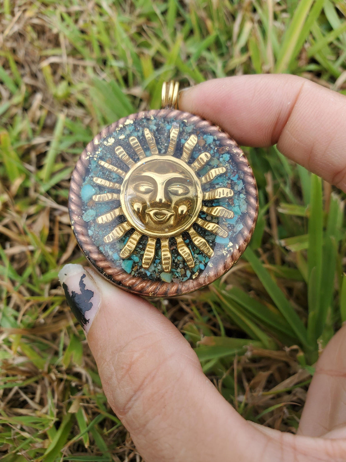 Smiling Sun Orgonite Pendant, Turquoise, Elite Shungite, EMF Protection