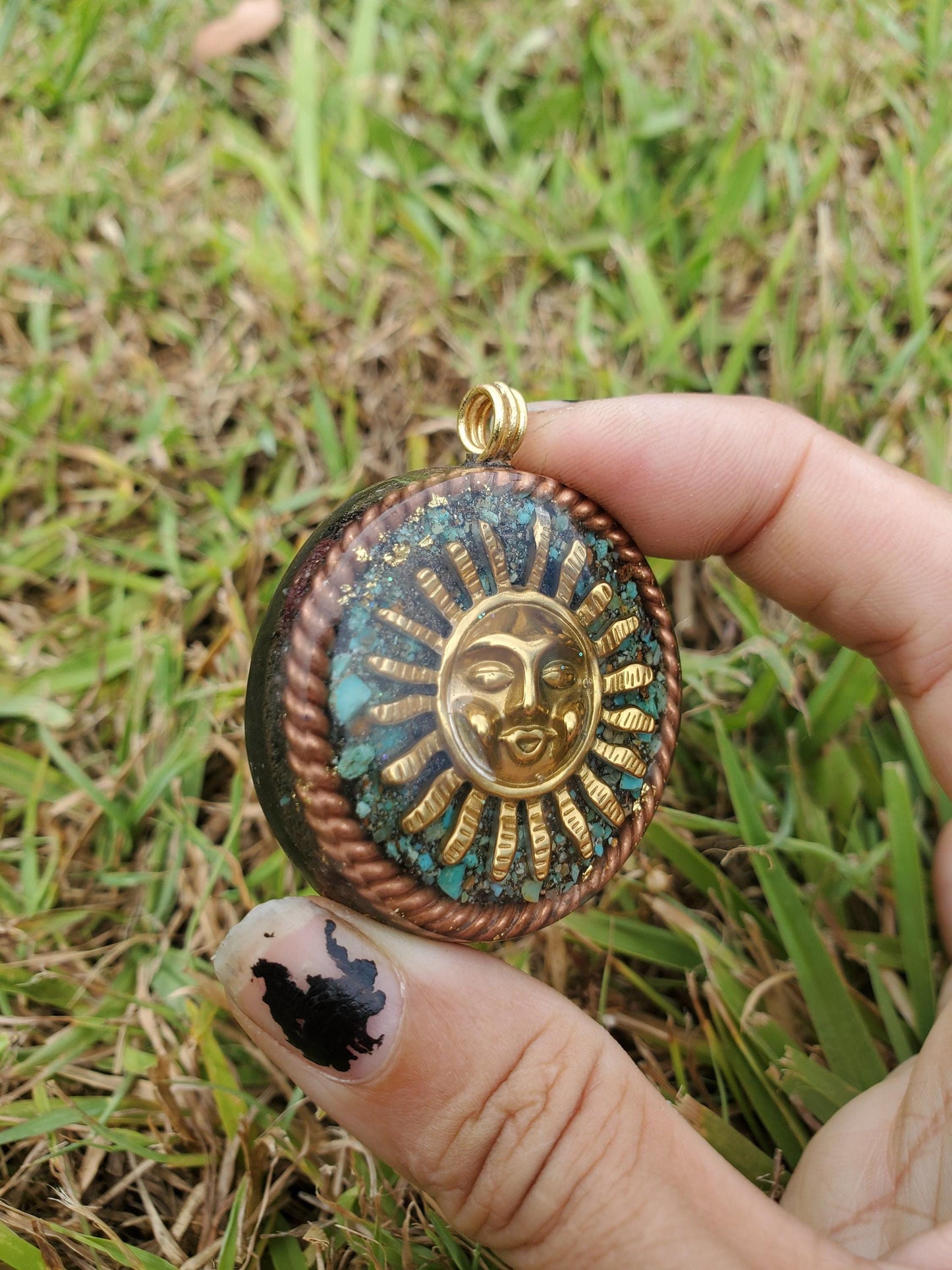 Smiling Sun Orgonite Pendant, Turquoise, Elite Shungite, EMF Protection