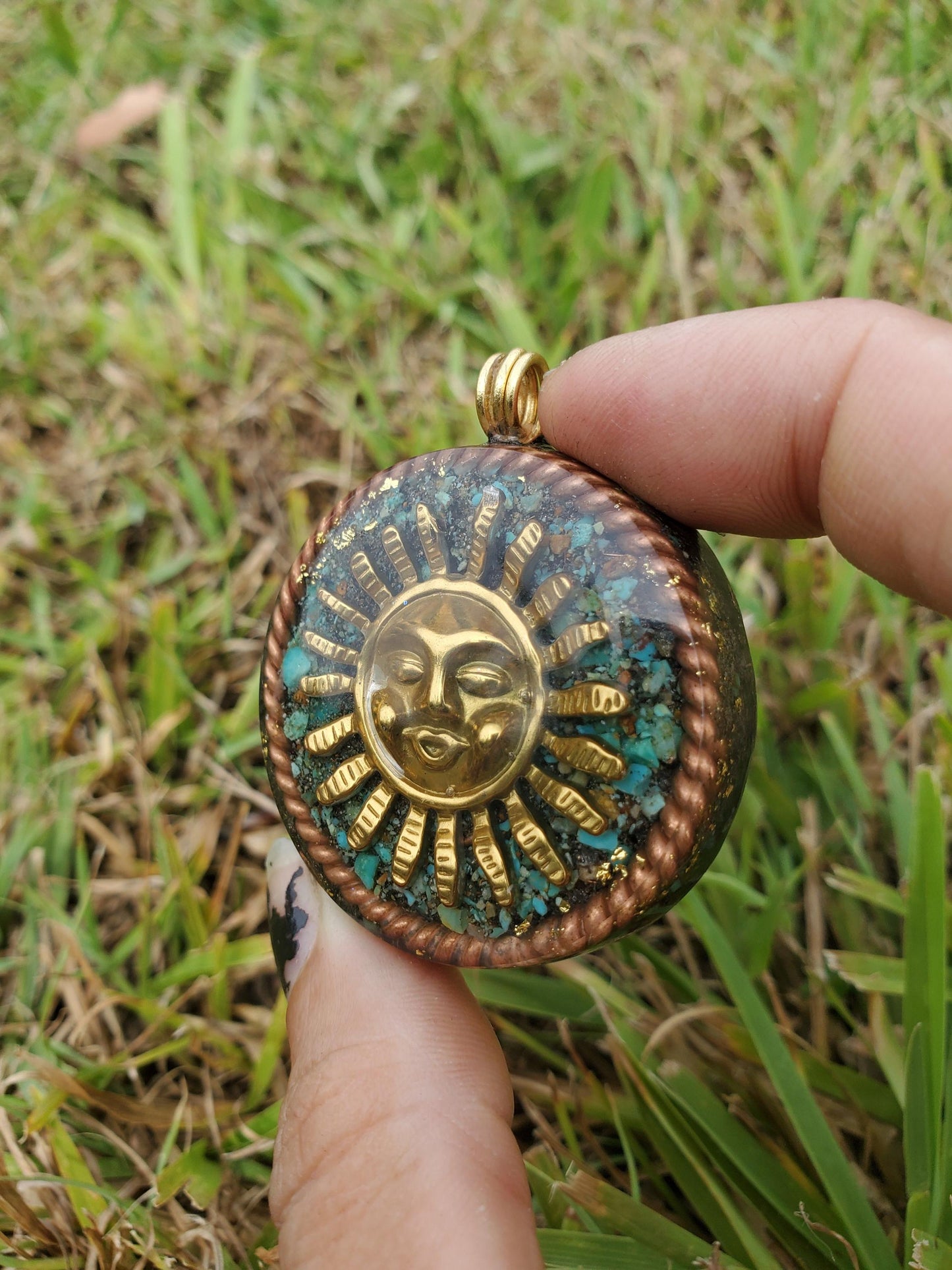 Smiling Sun Orgonite Pendant, Turquoise, Elite Shungite, EMF Protection