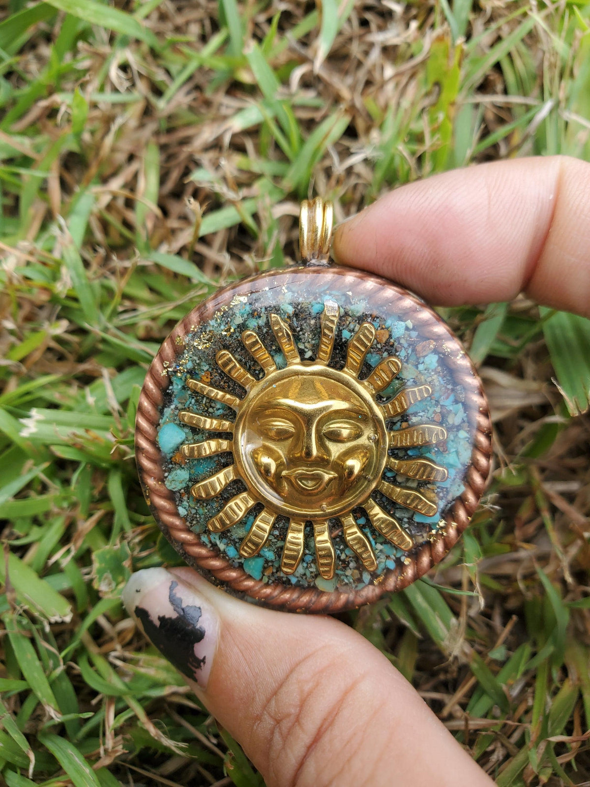 Smiling Sun Orgonite Pendant, Turquoise, Elite Shungite, EMF Protection