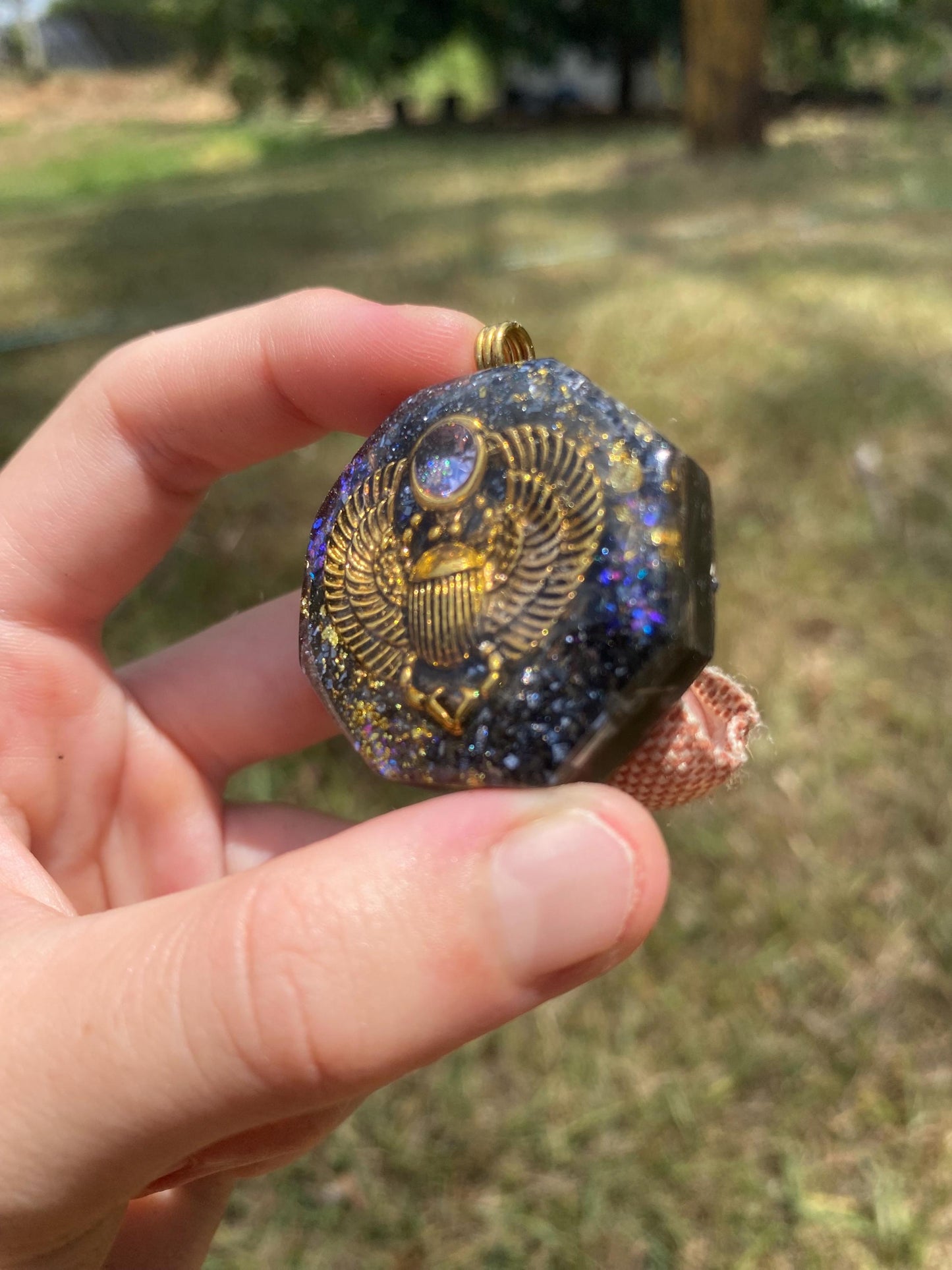Scarab, Orgone Pendant Necklace. Made w Elite Shungite, 24ct gold & Galena. Powerful. EMF Protection. 5G Protection. TENSOR RING