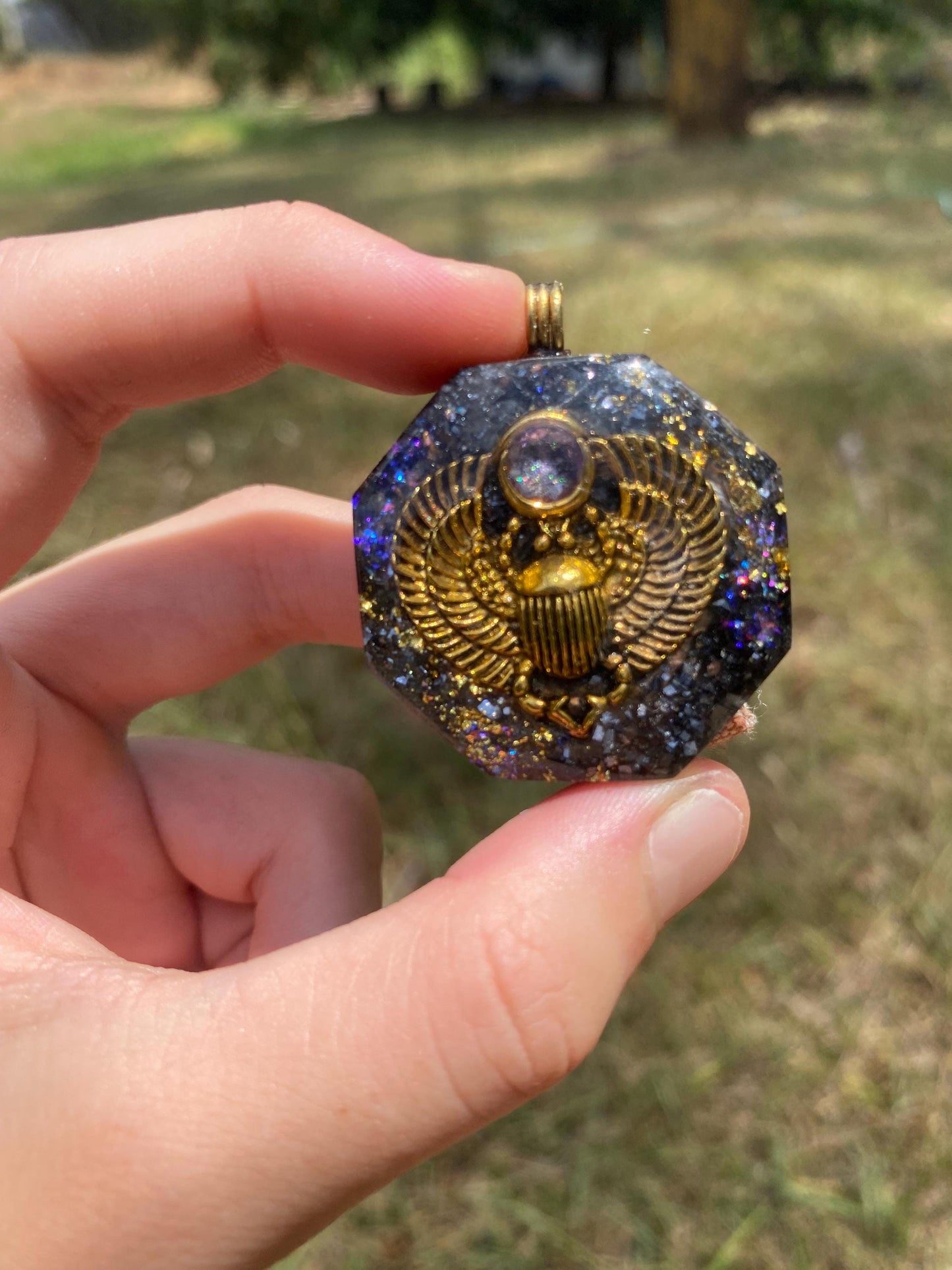 Scarab, Orgone Pendant Necklace. Made w Elite Shungite, 24ct gold & Galena. Powerful. EMF Protection. 5G Protection. TENSOR RING